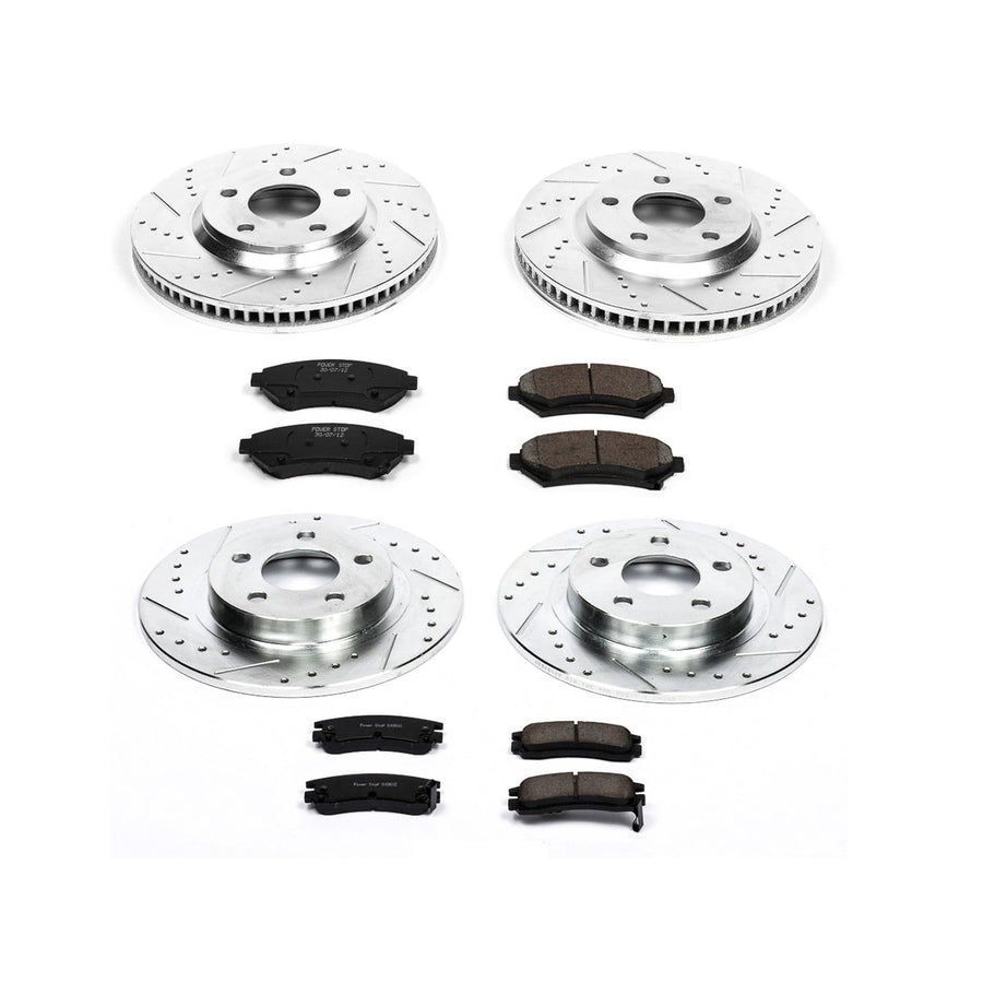 Power Stop K1545 Z23 Carbon Fiber Brake Pads Front and Rear with Drilled & Slotted Brake Rotors Kit For Buick Park Avenue 2003-2005, Cadillac DeVille 2000-2005 [Model Specific]