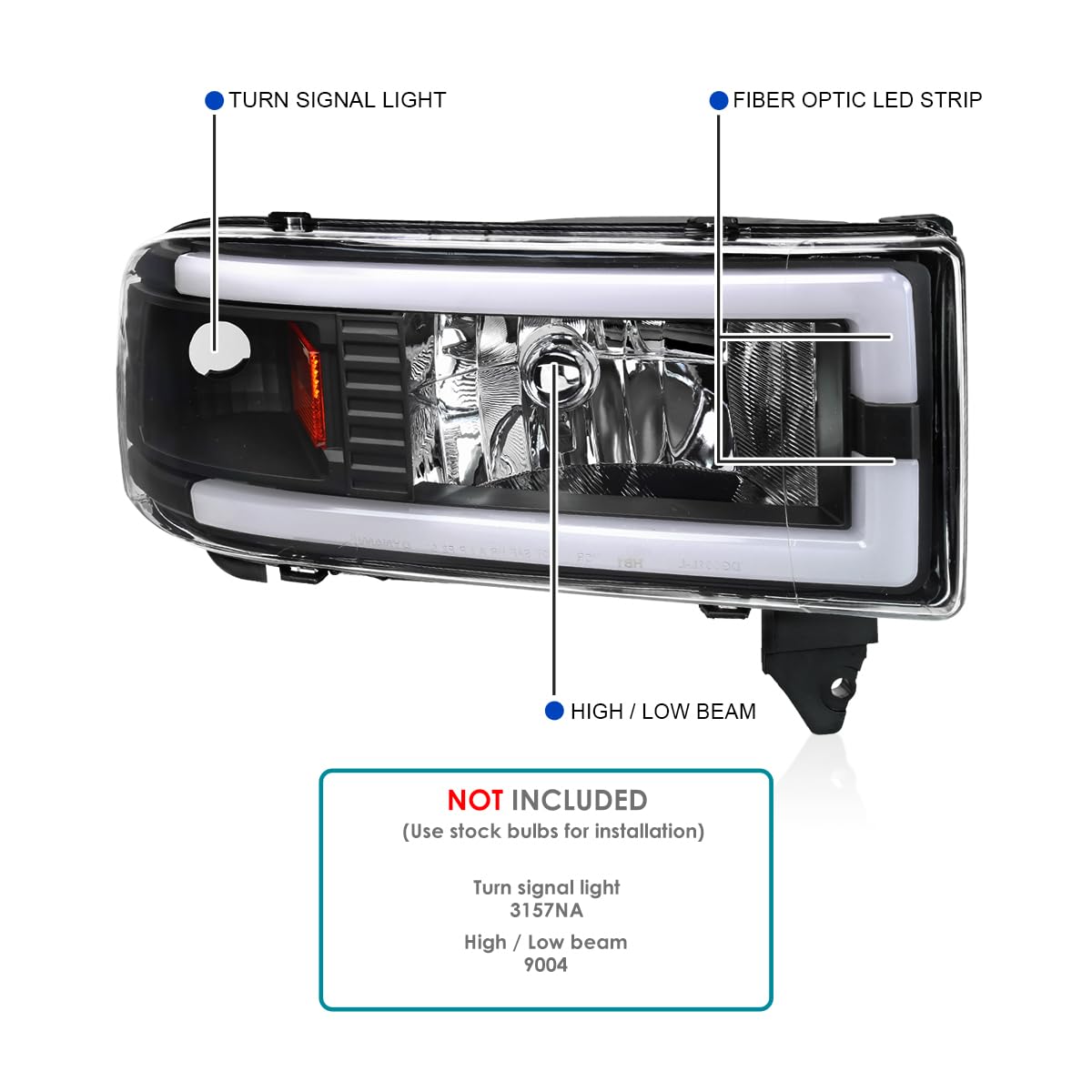 Black Headlights w/LED Tube SPEC-D TUNING Compatible with 1994-2001 Dodge Ram 1500, 2500, 3500, Left + Right Pair Headlamps Assembly