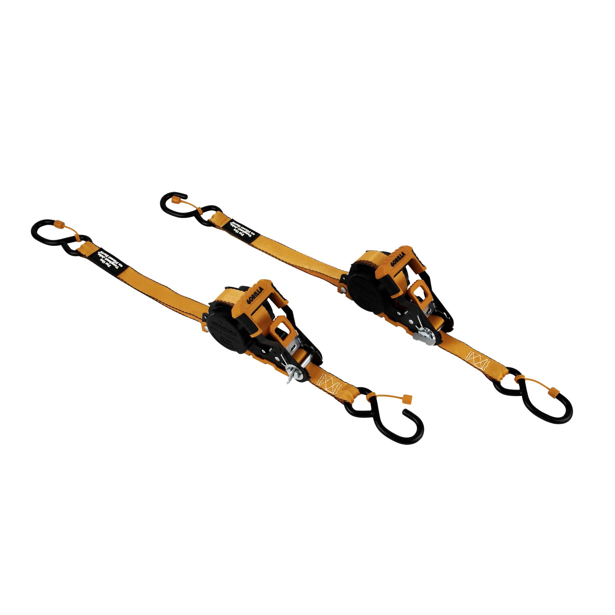Gorilla Tie Down Ratchet Straps (2Pack) 1in x 16ft 1200lb Break Strength, Self-Locking Retractable, Heavy-Duty Orange Webbing, Gorilla-Grip Handles, Cap Locks, E-Coated Ratchets, Vinyl Hooks for Cargo