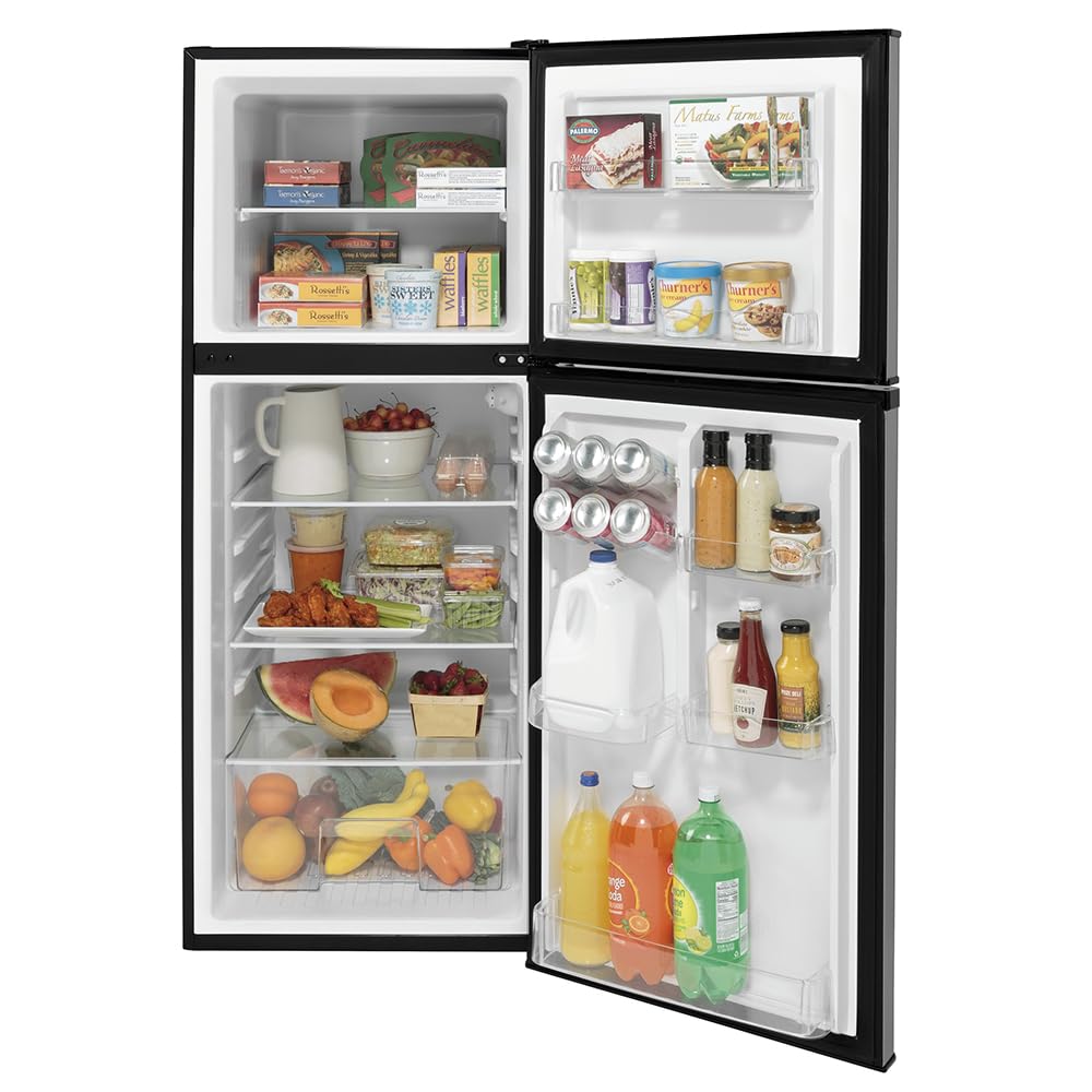 24" GE GPV10FSNSB Top Freezer Refrigerator with 9.93 cu. ft. Capacity 12V DC Power Only LED Lighting and Adjustable Spillproof Glass Shelves in Stainless Steel and Black