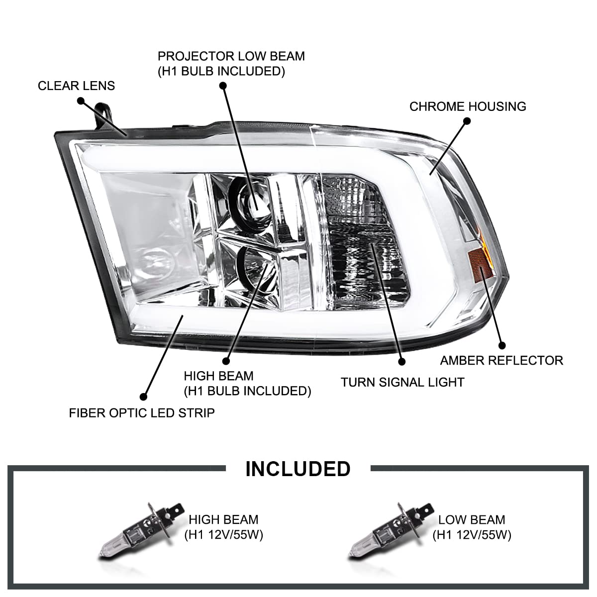 LED Light Bar Projector Headlights SPEC-D TUNING Compatible with 2009-2018 Dodge Ram 1500 2500 3500, Left + Right Pair Headlamps Assembly