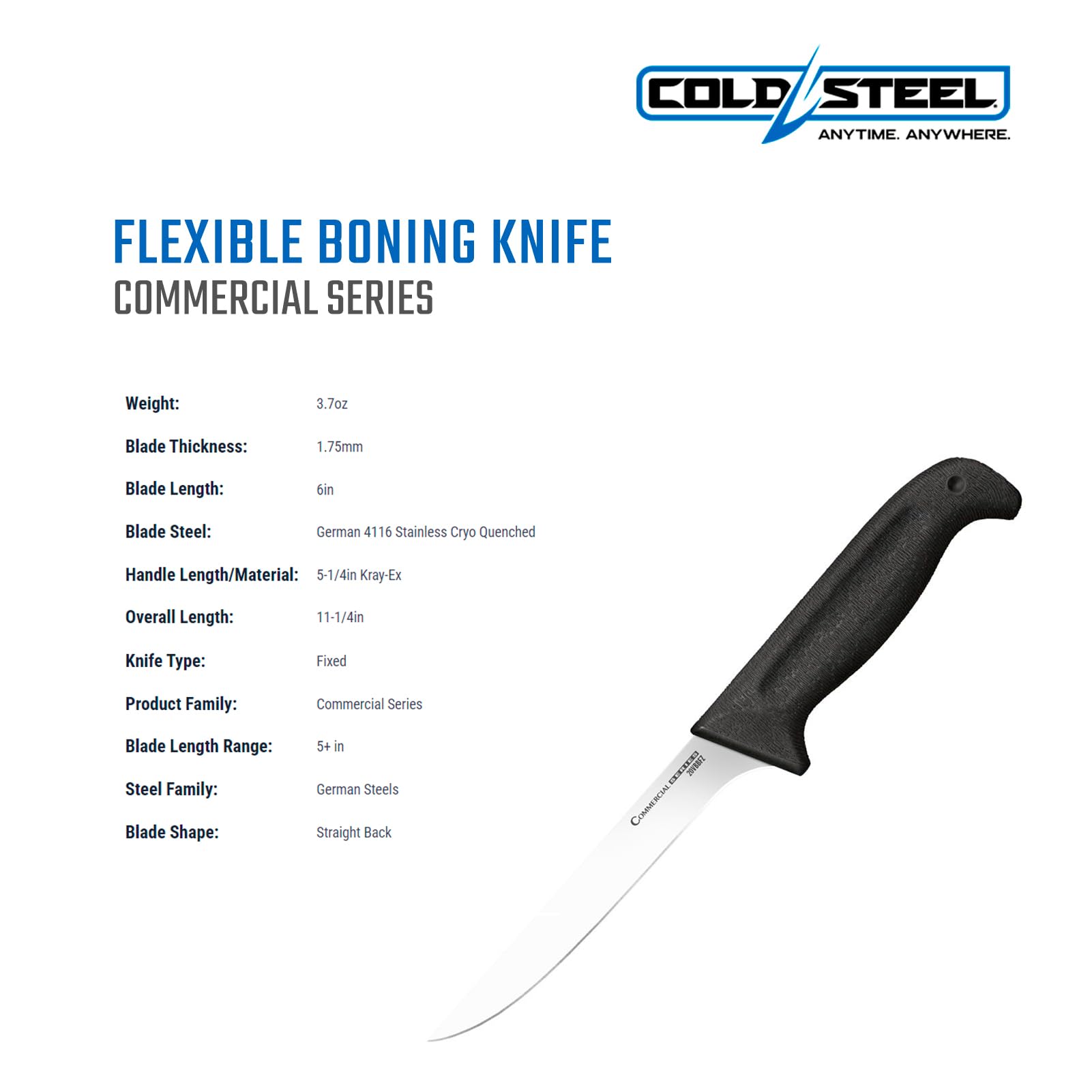 Cold Steel 6" Commercial Series Flexible German 4116 Stainless Steel Fixed Blade Narrow Straight Back Game & Fish Processing Cutting Boning Knife with Ergonomic Kray-Ex Handle