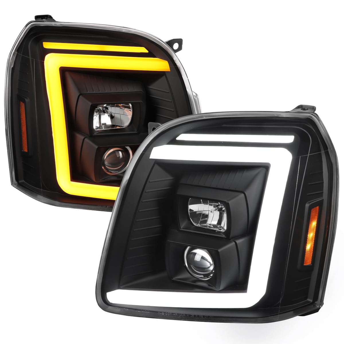 Black SPEC-D TUNING Sequential LED Signal Tube Projector Headlights Compatible with 2007-2014 GMC Yukon/Yukon XL Denali 1500 2500, Left + Right Pair Headlamps Assembly