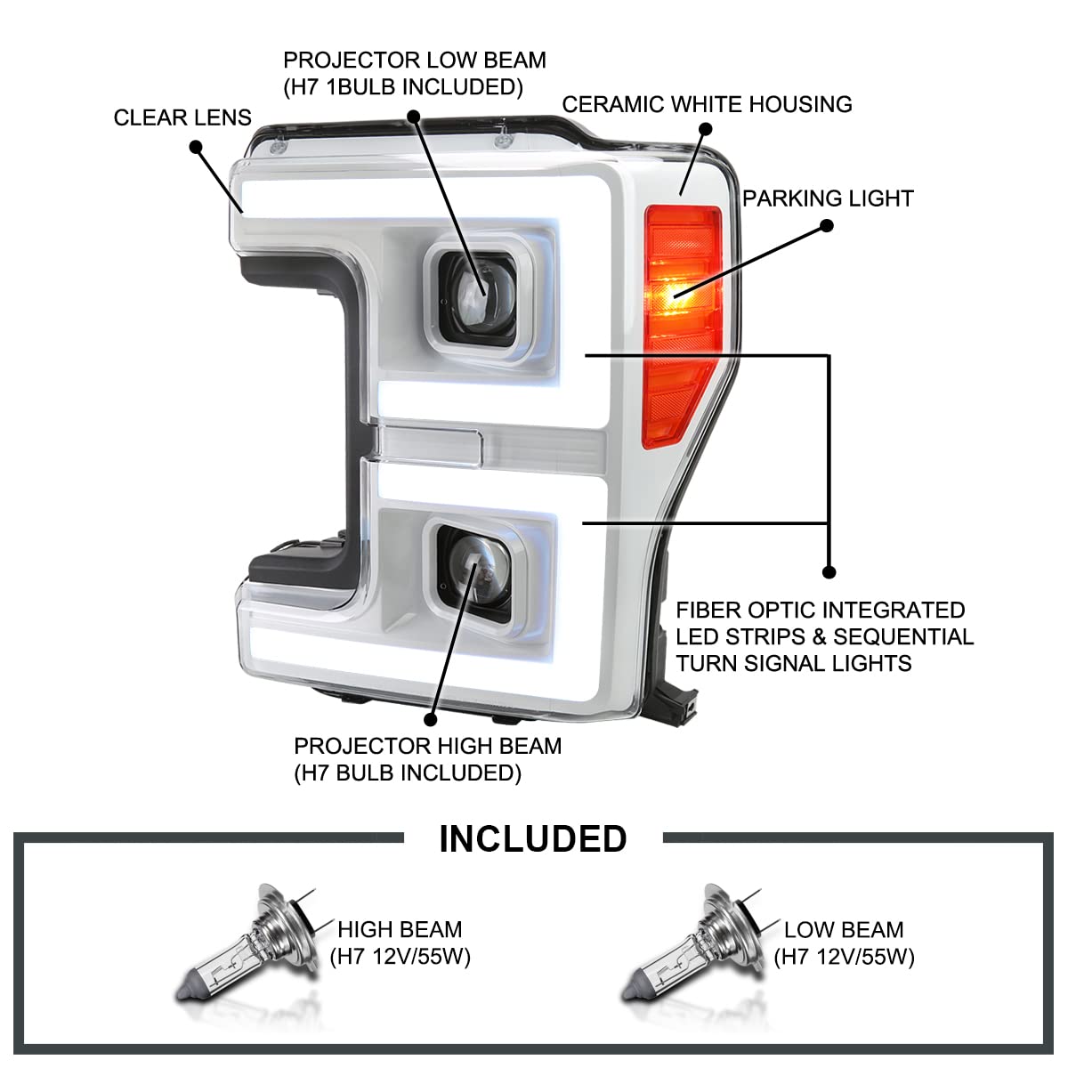 Special Edition SPEC-D TUNING Arctic White Projector Headlights w/LED Sequential Turn Signal Switchback Compatible with 2017-2019 Ford F-250/F-350/F-450/F-550 Super Duty, Left + Right Pair Assembly