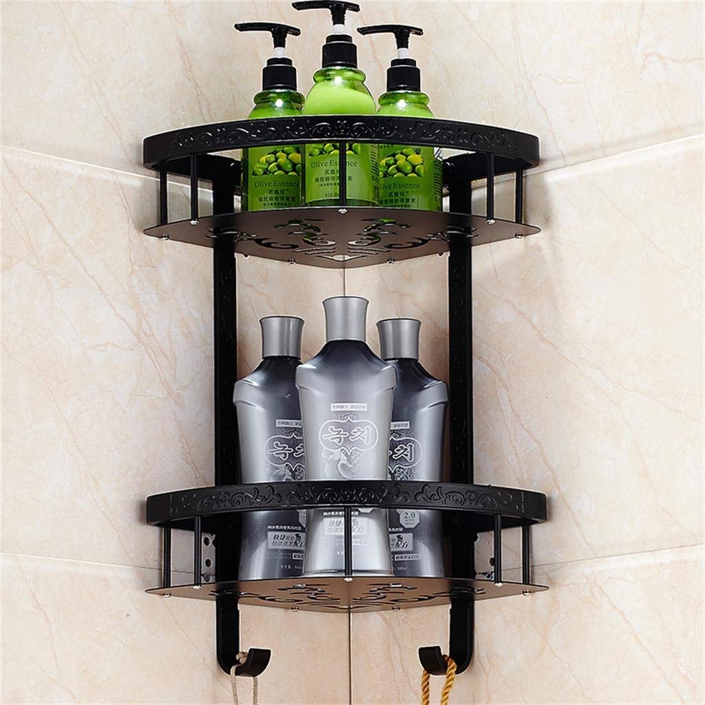 Doubledeck Black Basket Triangular Shelves, Carved Design, stainless Steel Material, Bathroom Shelves, Wallmounted 22.5 * 40.5cm Bathroom Shelf