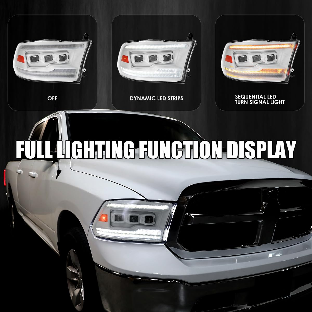 Special Edition SPEC-D TUNING Arctic White Full LED Switchback Sequential Projector Headlights Compatible with 2009-2019 Dodge Ram 1500, 2010-2019 Ram 2500/3500, Left + Right Pair Headlamps Assembly