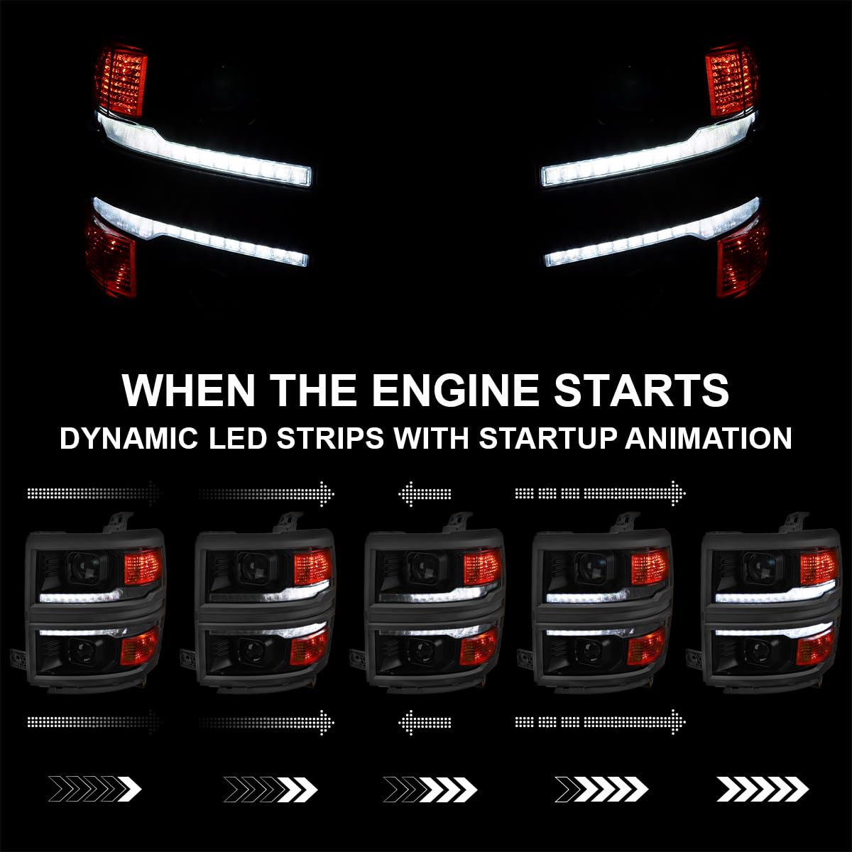 Black Smoke SPEC-D TUNING w/Black Trim Projector Headlights w/Sequential Switchback LED Strip and Startup Animation Compatible with 2014-2015 Chevy Silverado 1500, Left + Right Pair Headlamps