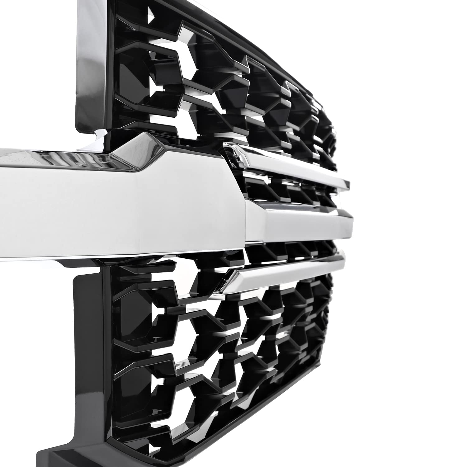 Black Honeycomb Front Bumper Hood Grill Grille w/Chrome Trim Spec-D Tuning Compatible with 2019-2022 Chevy Silverado 1500 WT