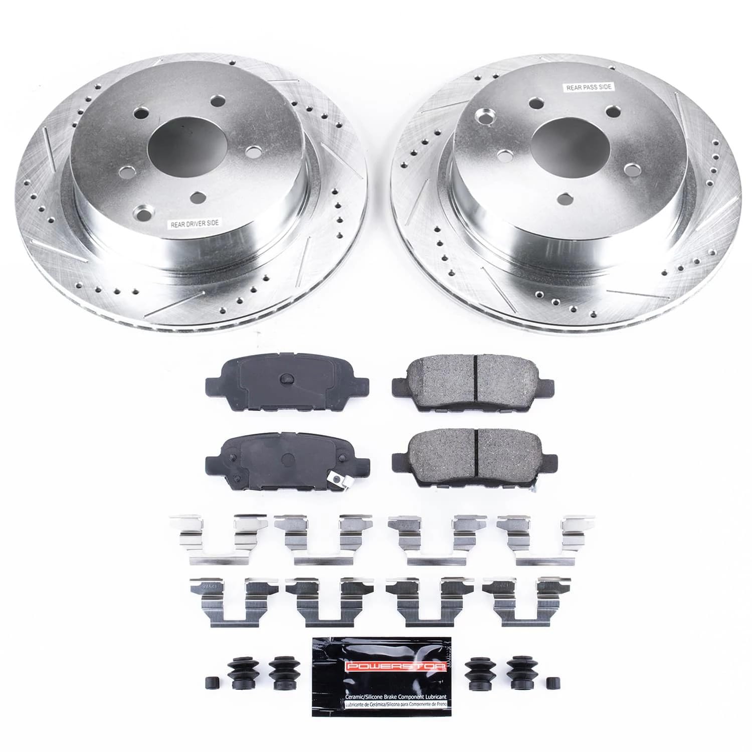 PowerStop Brake Kit Rear For Infiniti 2003-2008 FX35, 2014-2018 QX60, 2009-2024 Nissan Murano, 2013-2020 Pathfinder - Drilled and Slotted Disc Rotors with Ceramic Brake Pads Replacement, K2427
