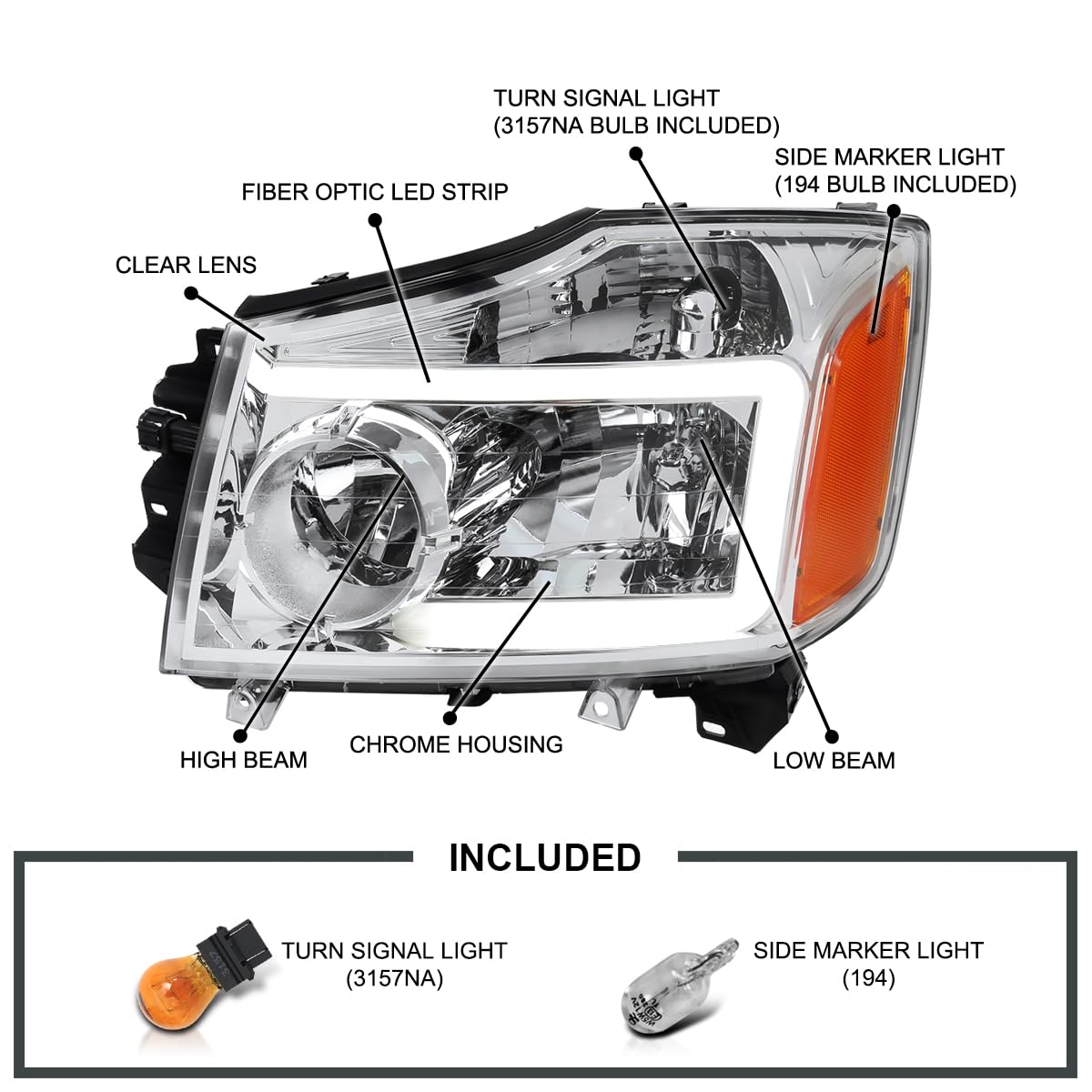 Chrome Headlights SPEC-D TUNING w/LED Light Bar Compatible with 2004-2015 Nissan Titan, 2004-2007 Armada, Left + Right Pair Headlamp Assembly