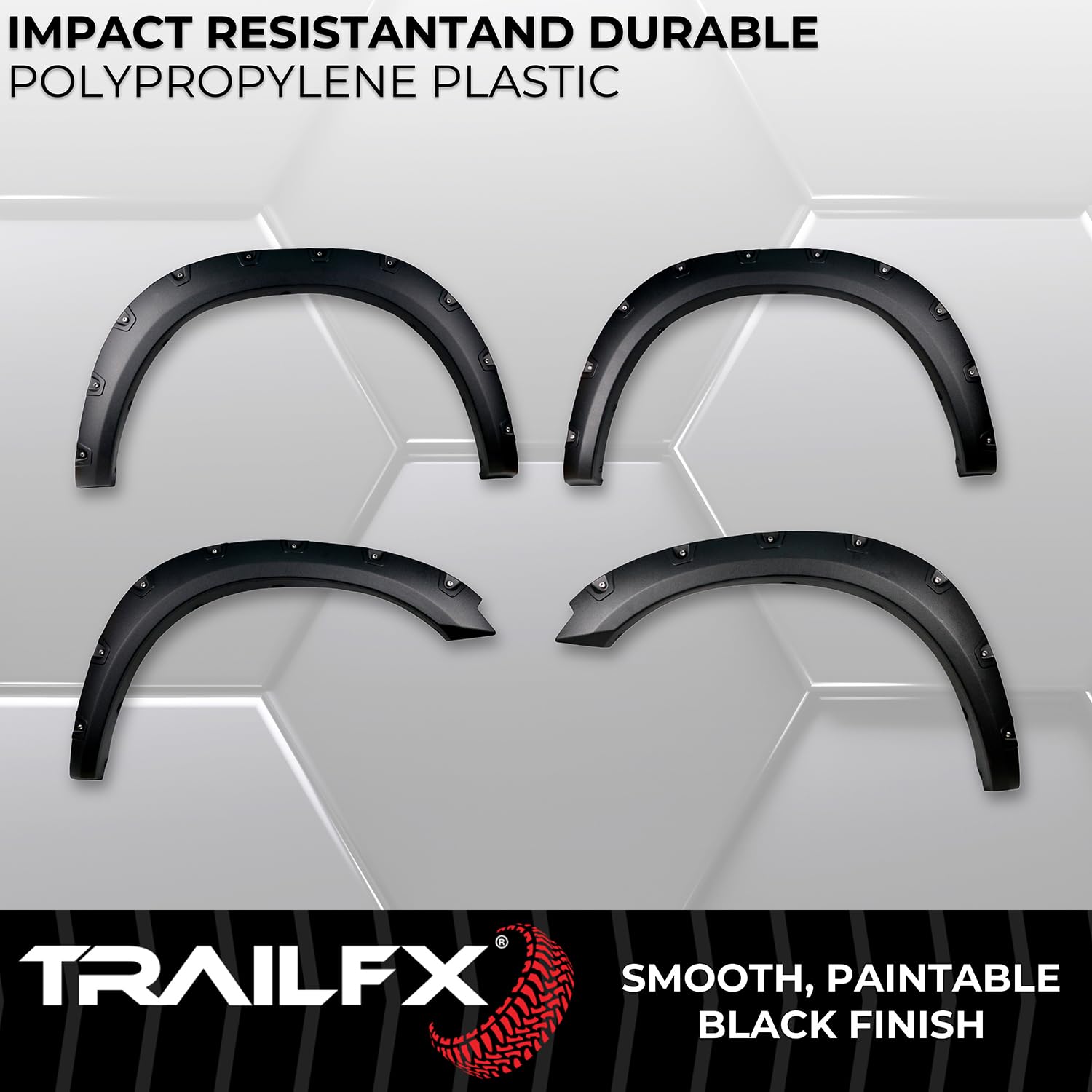 TrailFX Fender Flares Pocket Style for Ram 1500 2011-2018 Black Textured Paintable Polypropylene Set of 4 with Stainless and Black Steel Rivets TrailFX TFD3002T