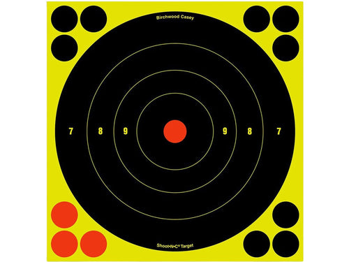 Shoot-N-C Birchwood Casey Bullseye Dispenser Targets | Always Flat Adhesive Back Shooting Training Reactive Targets with Pasters, 8" - Pack of 25