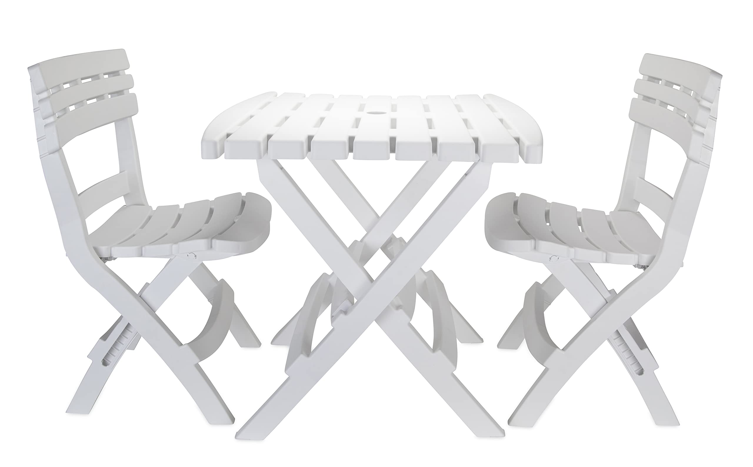 Camco Table and Chair Outdoor Set | Features Foldable Design for Compact RV Storage and Organization | Great for Camping, Events, Patios, and More | No-Tool Assembly | 3-Piece, White (51640)