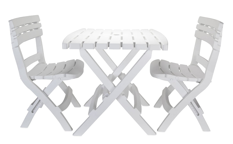 Camco Table and Chair Outdoor Set | Features Foldable Design for Compact RV Storage and Organization | Great for Camping, Events, Patios, and More | No-Tool Assembly | 3-Piece, White (51640)