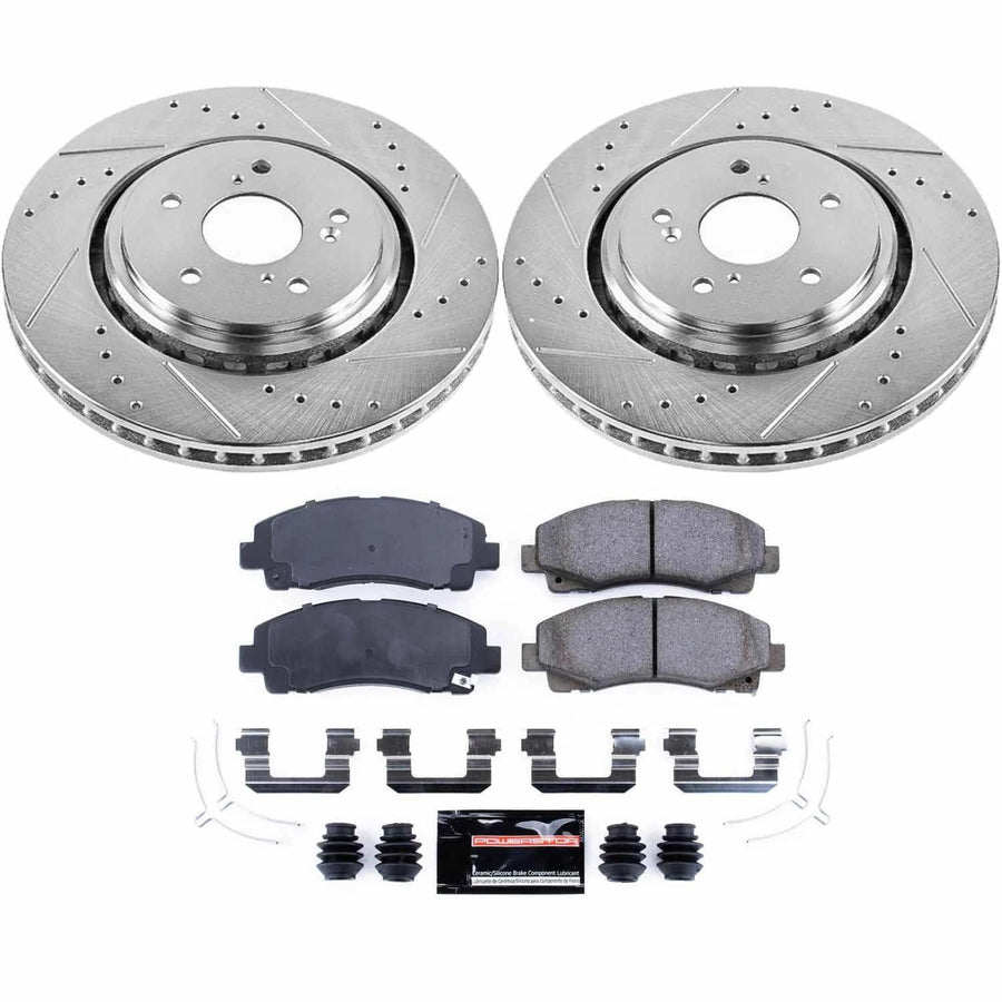 Power Stop K7214 Z23 Carbon Fiber Brake Pads with Drilled & Slotted Brake Rotors Kit For Acura TLX 2015-2020 [Model Specific]
