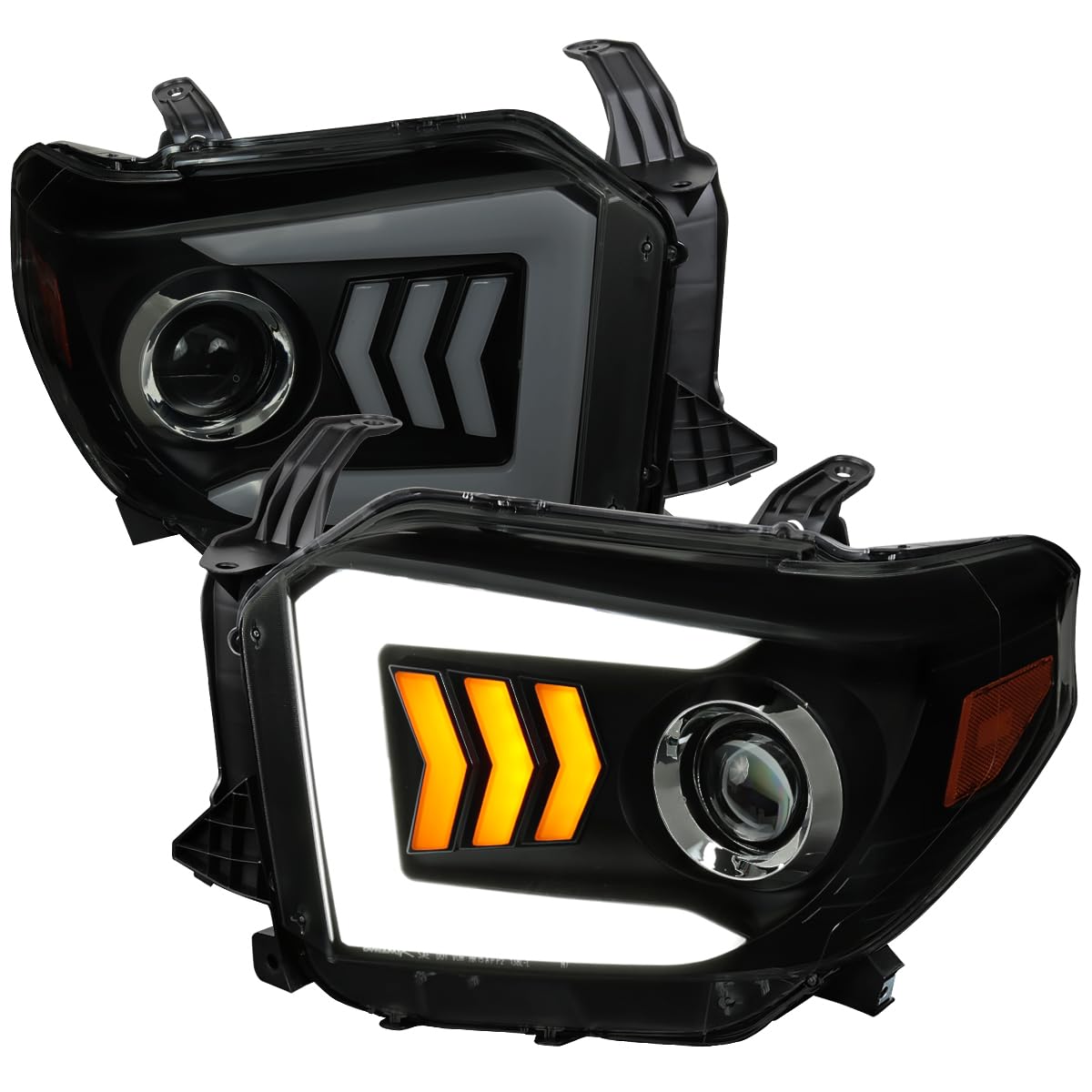 Black Smoke LED Light Bar Projector Headlights SPEC-D TUNING w/Sequential LED Signal Compatible with 2014-2021 Toyota Tundra, Left + Right Pair Headlamps Assembly