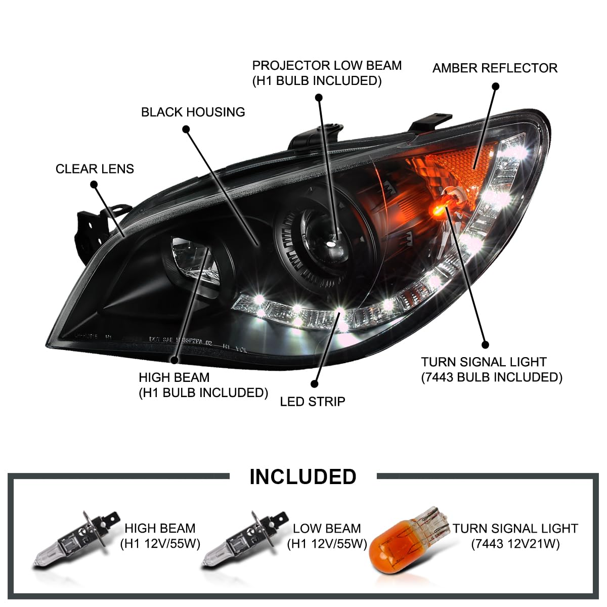 Black Projector Headlights w/LED Strip SPEC-D TUNING Compatible with 2006-2007 Subaru Impreza WRX, Left + Right Pair Headlamps Assembly