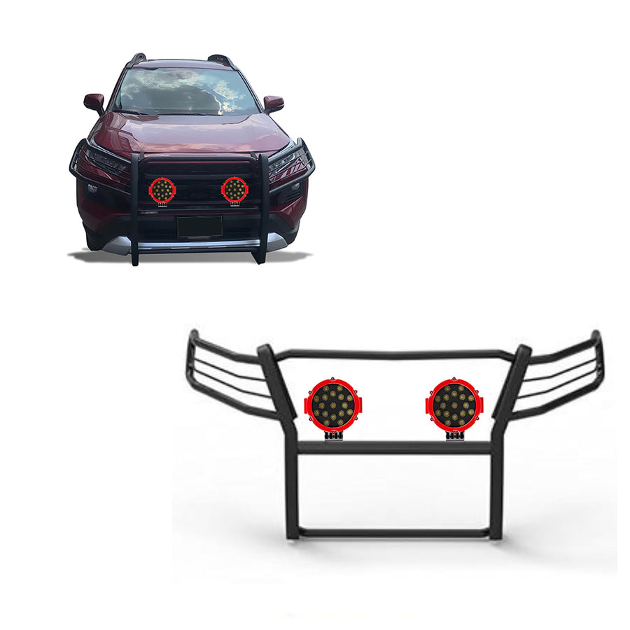 Bumper Guard Black Horse Grille Brush Modular Black Come with Pair of 7.0" Dia.LED Lights with Red Trim Rings Compatible with 2019-2024 Toyota RAV4-17A093904MA-PLR