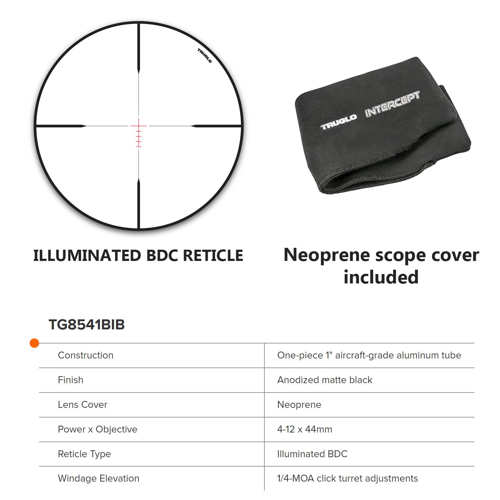 Truglo Tactical Intercept Hunting Shooting Durable Waterproof Fogproof Scratch-Resistant 1" Tube Illuminated Reticle Riflescope with Scope Cover Included, 4-12 x 44mm, Illuminated BDC Reticle