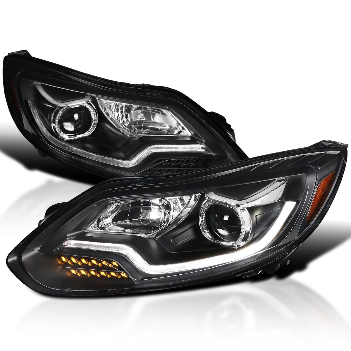 Black SPEC-D TUNING Projector Headlights w/LED Turn Signal Light Bar Compatible with 2012-2014 Ford Focus, Left + Right Pair Headlamps Assembly
