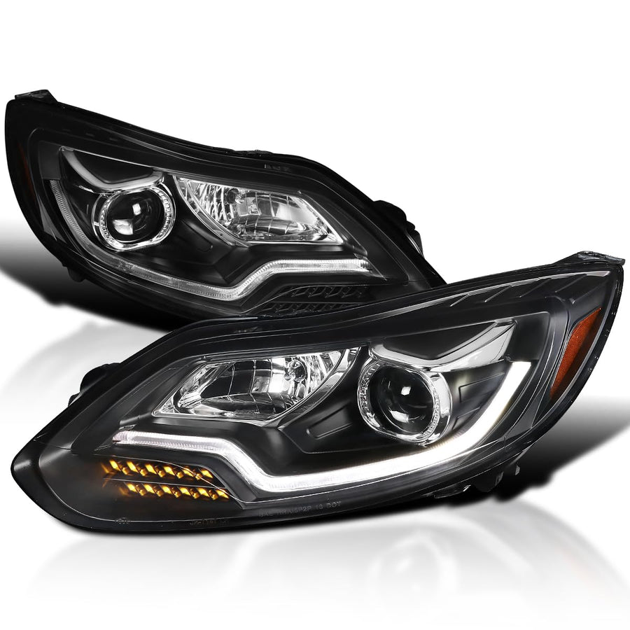 Black SPEC-D TUNING Projector Headlights w/LED Turn Signal Light Bar Compatible with 2012-2014 Ford Focus, Left + Right Pair Headlamps Assembly