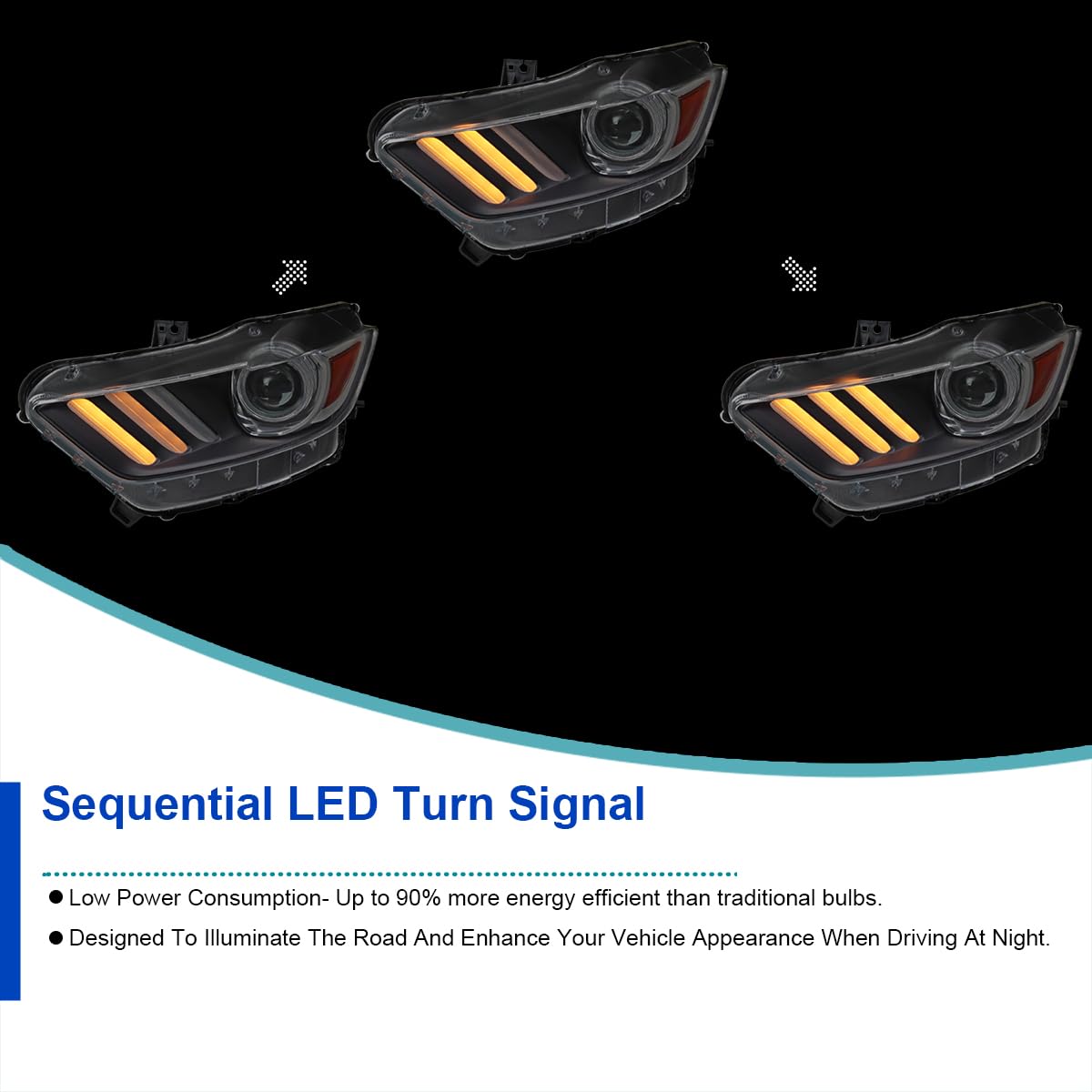 Black Projector Headlights SPEC-D TUNING w/LED Sequential Switchback Turn Signal Strips and Startup Animation Compatible with 2015-2020 Ford Mustang, Left + Right Pair Headlamps Assembly