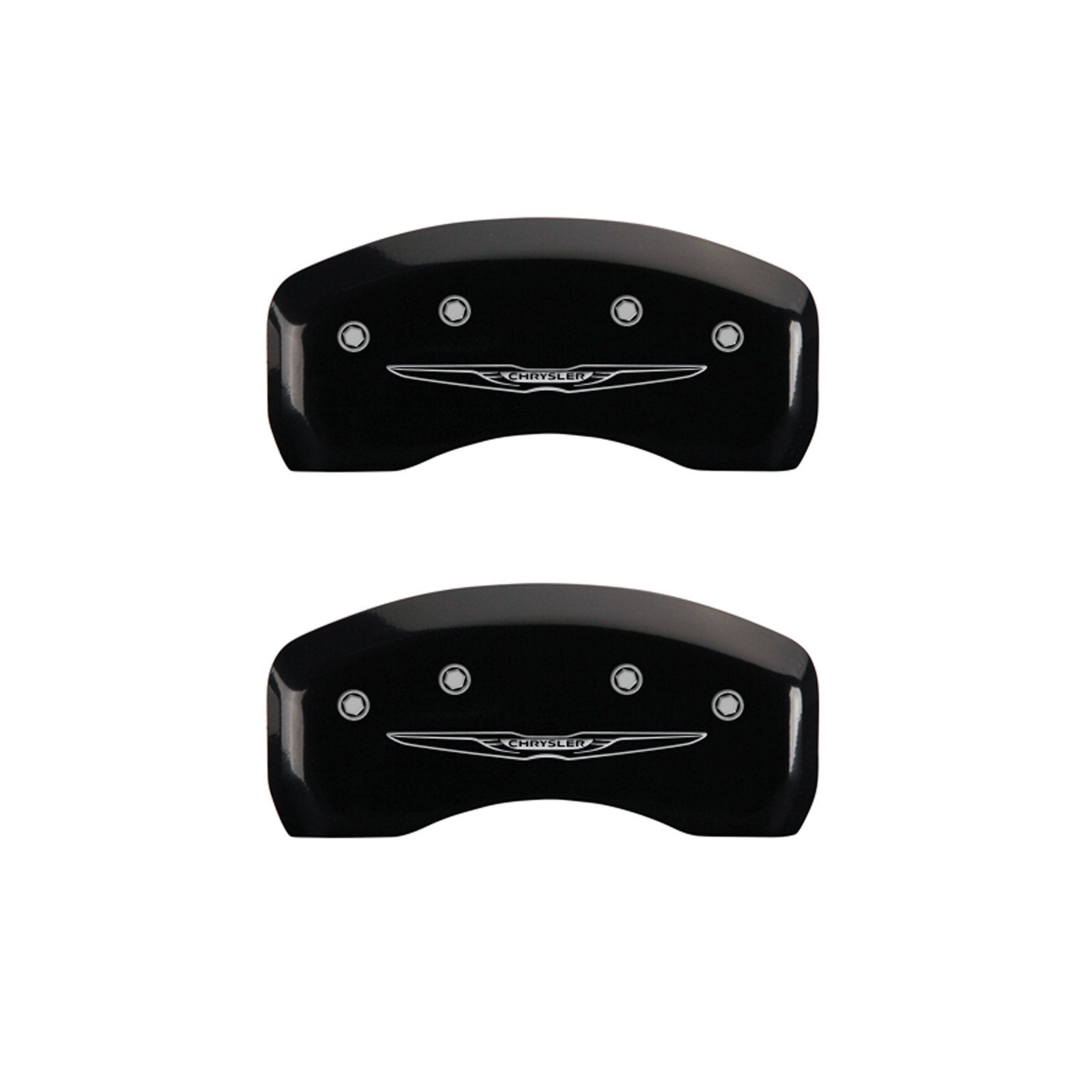 MGP Caliper Covers Front and Rear 32018SCW2BK Black Powder Coat Finish, Set of 4 (Style 2/Chrysler Wing Silver Characters, Engraved)