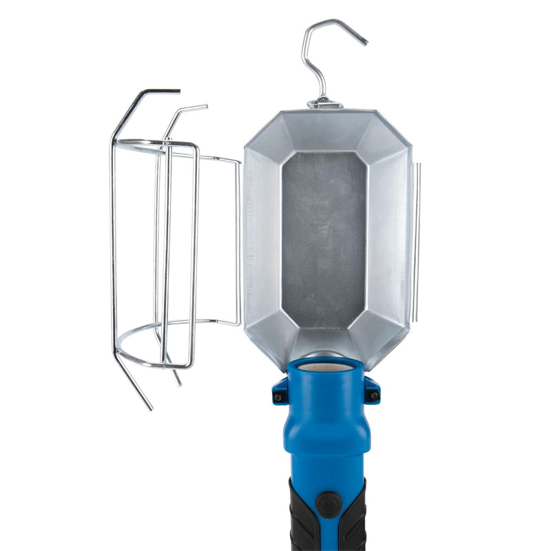 25' Performance Tool W2243 18GA, 120V LED or Incandescent Drop Light, Steel Cage Shield with Extra Built in 120V Outlet