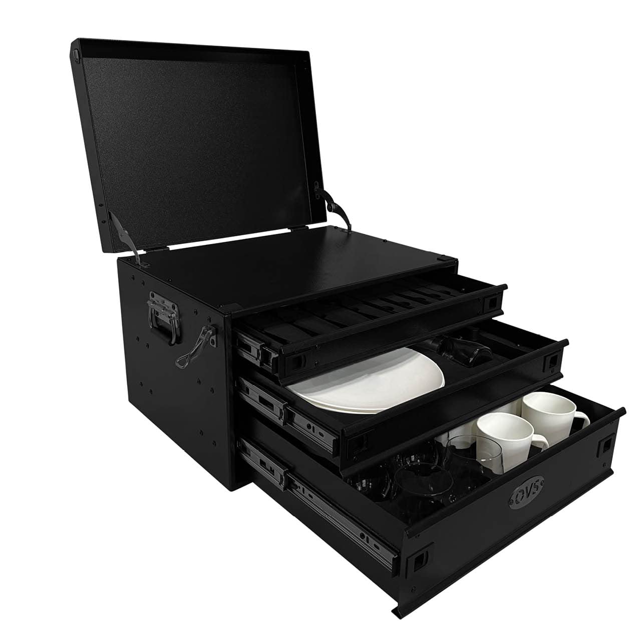Ultimate Overland Vehicle Systems 39 Piece Utensil Set - Black Powder Coat Universal - 6061 Aircraft-Grade Aluminum Storage Box - Heavy Duty Grab Handles