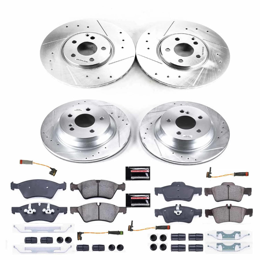 Power Stop K7762 Z23 Carbon Fiber Brake Pads Front and Rear with Drilled & Slotted Brake Rotors Kit For Mercedes-Benz E500 2006 [Model Specific]