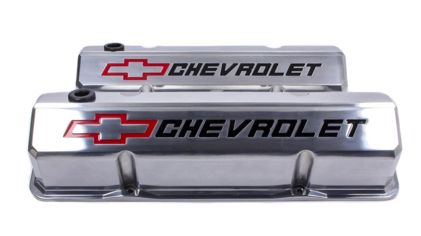 ProForm Slant-Edge Valve Cover, Tall, Baffled, Breather Hole, Recessed Chevrolet Bowtie Logo, Aluminum, Polished, Small Block Chevy, Pair