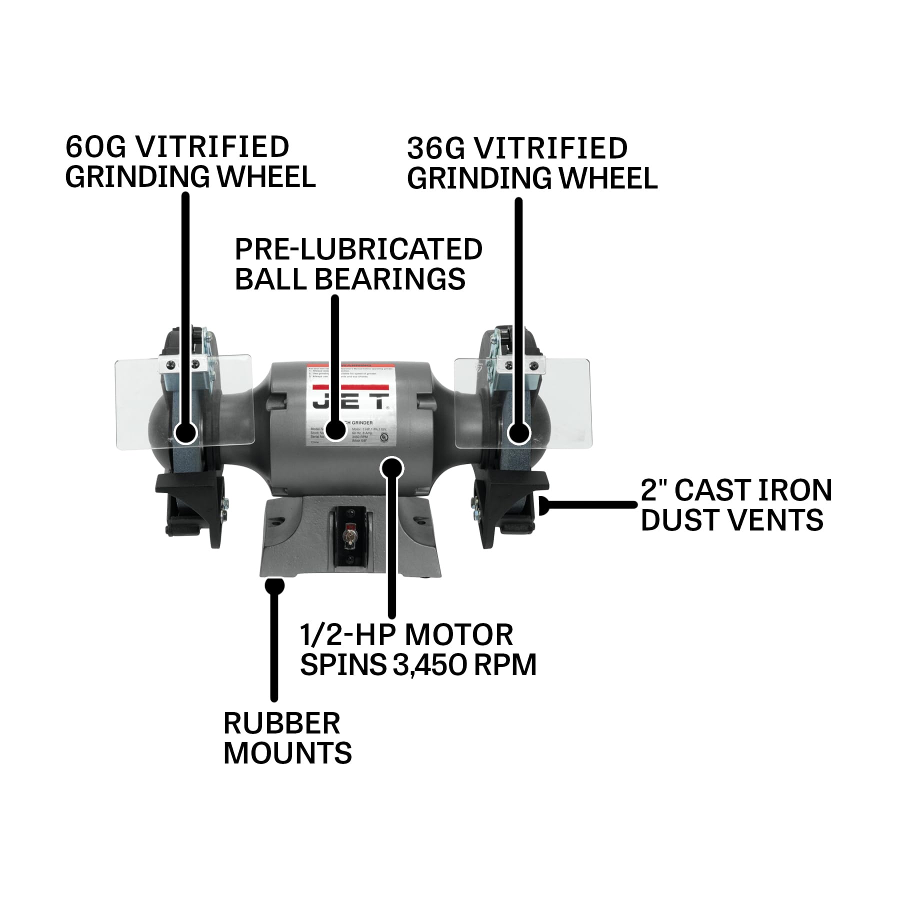 JET 8-Inch Grinder Bench, 3450 RPM, 1/2 HP, 120V 1Ph (Model JBG-8)