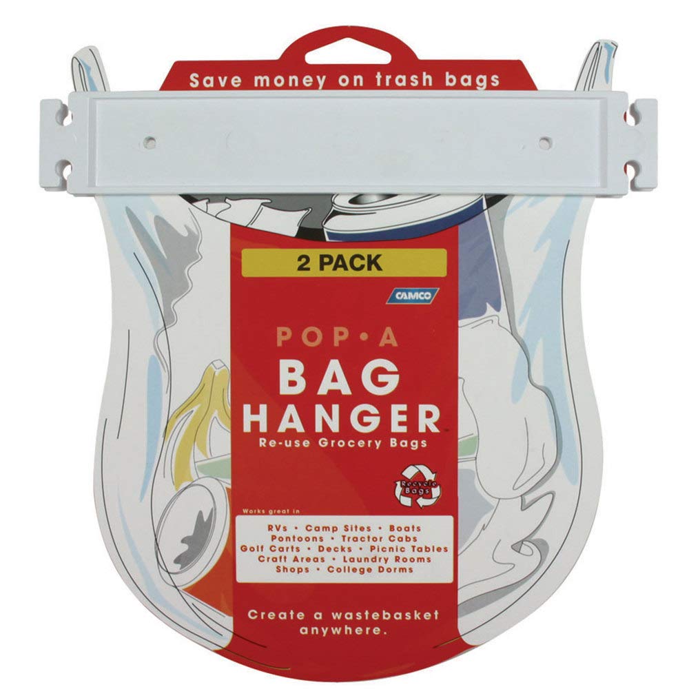 Camco Plastic Bag Hanger- Pop-A-Bag Neatly Mount and Reuse Grocery Bags, Easily Organize and Conserve Space in Your Kitchen (2 Pack) (43593) , White