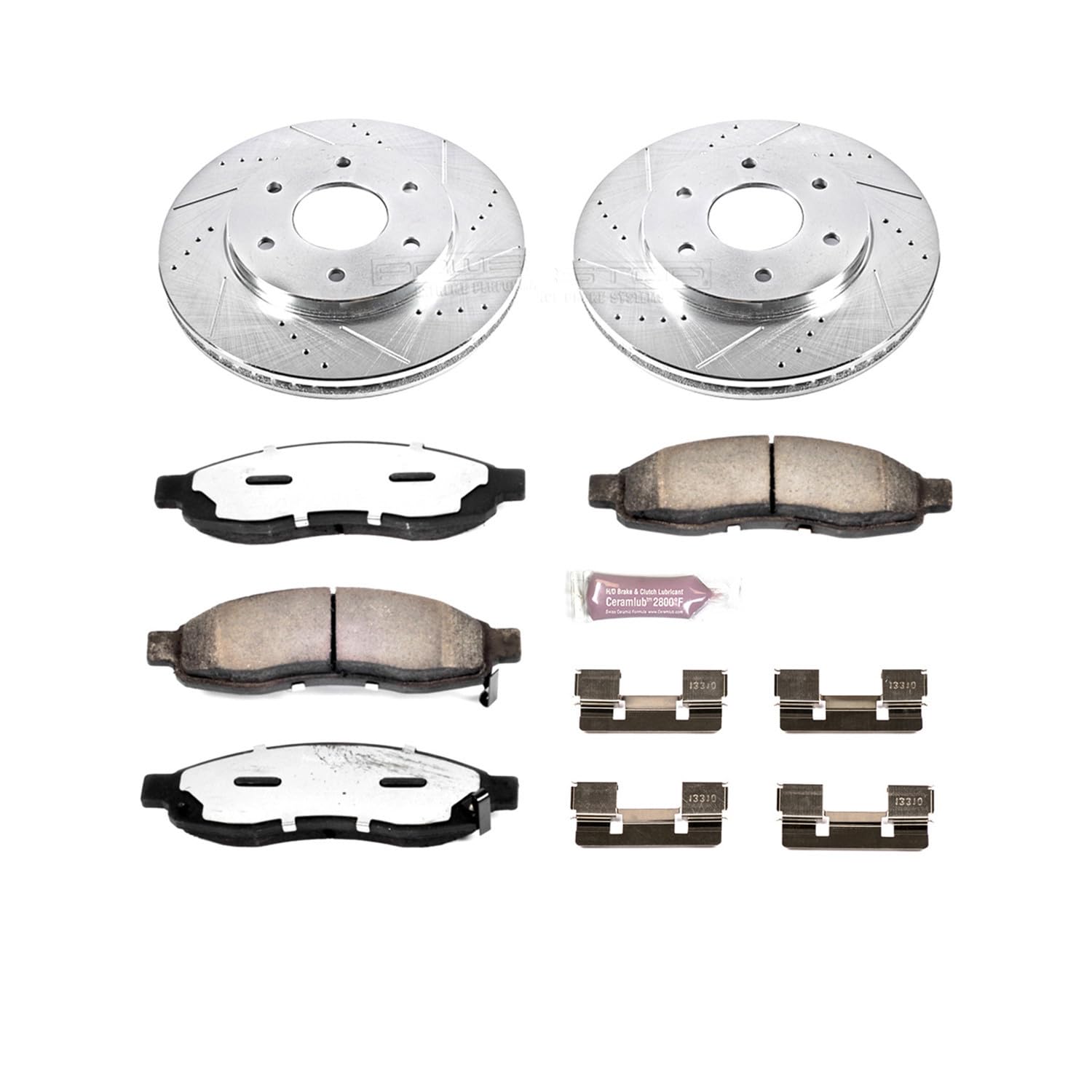 Power Stop Front Brake Kit For 2004 2005 Nissan Armada 2004 Nissan Pathfinder Armada 2005 Infiniti QX56 - Truck & Tow Carbon Fiber Ceramic Brake Pads & Drilled and Slotted Rotors Replacement, K2442-36