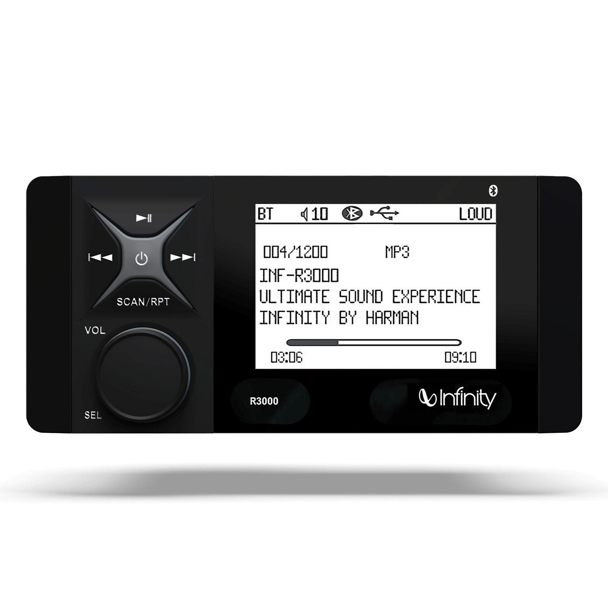 Infinity AM/FM/WB, BT5, Aux in, USB Input, 4" Monochromatic LCD, Rotary, 2 ohm Stable INF3000