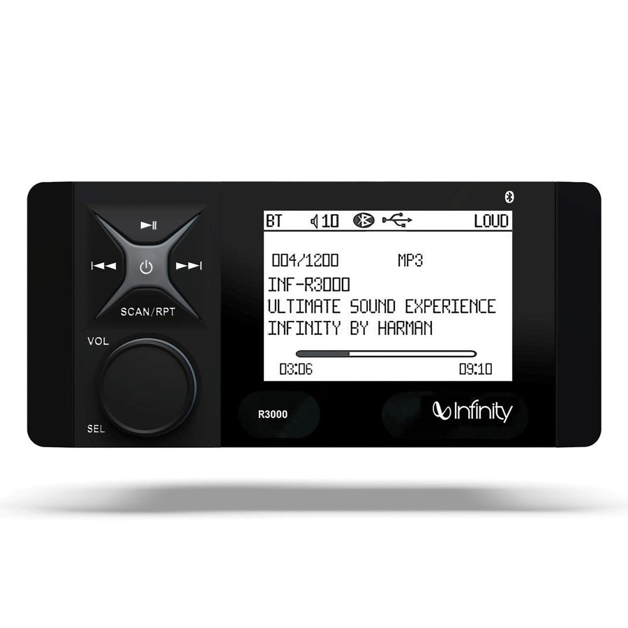 Infinity AM/FM/WB, BT5, Aux in, USB Input, 4" Monochromatic LCD, Rotary, 2 ohm Stable INF3000