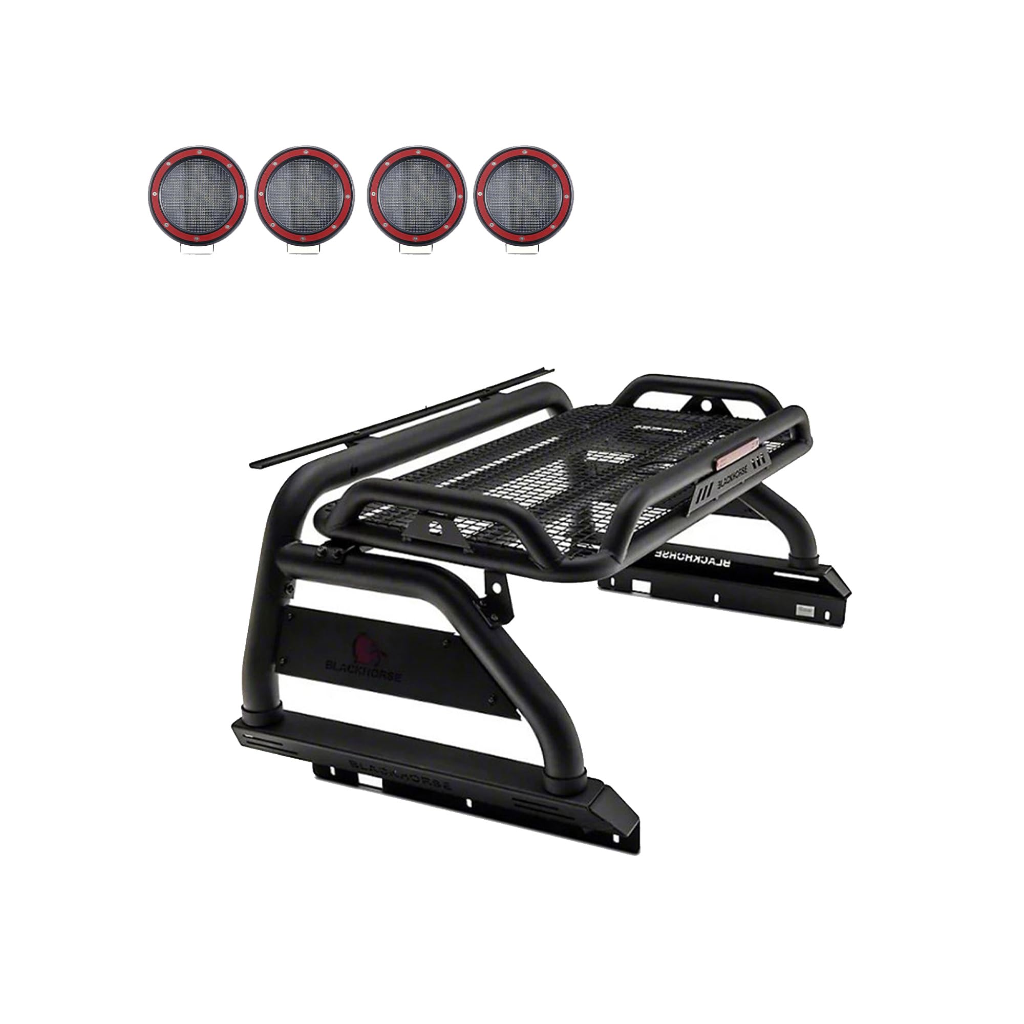 Atlas Black Horse Roll Bar Incl. Set of 5.3" Dia.LED Lights w/Red Trim Rings Compatible with 2015-2024 Chevrolet Colorado|2015-2024 GMC Canyon-ATRB5BK-PLFR