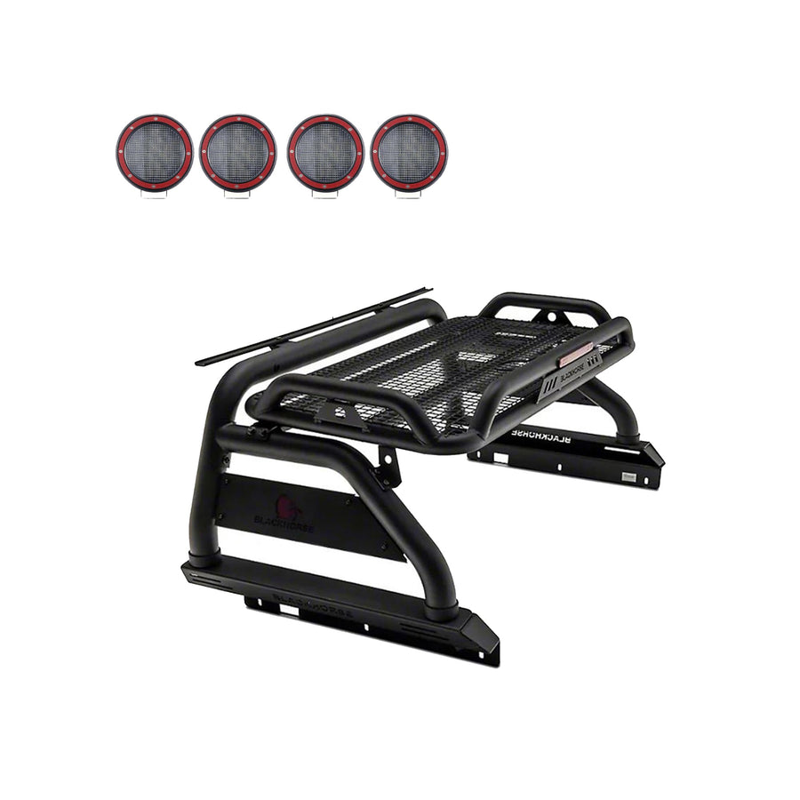 Atlas Black Horse Roll Bar Incl. Set of 5.3" Dia.LED Lights w/Red Trim Rings Compatible with 2015-2024 Chevrolet Colorado|2015-2024 GMC Canyon-ATRB5BK-PLFR