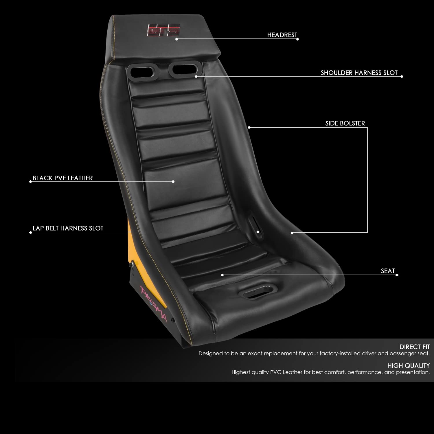 Prisma GT Fixed Back Bucket Racing Seat NRG Innovations PRI-100BK-ARCADE with Side Mount Bracket,Black Leather Yellow Stitching/GT-S Arcade Yellow Sparkled Back
