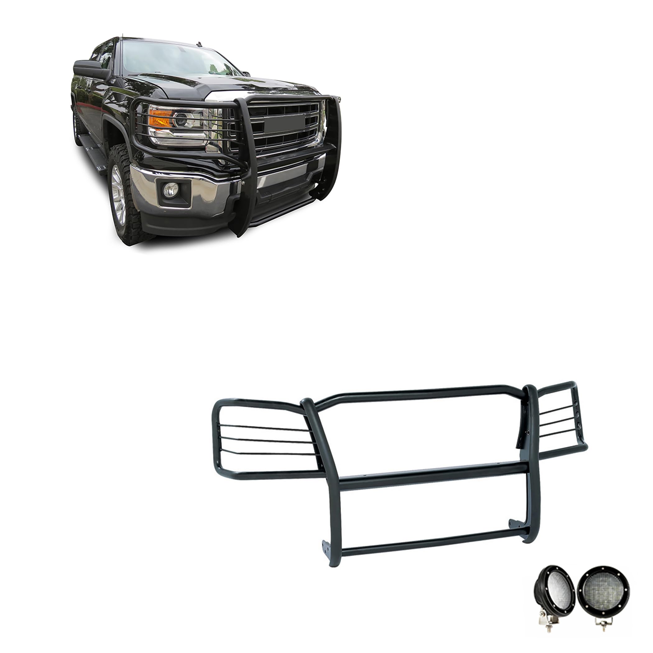 Black Horse Grille Brush Bumper Guard Modular Come with 5.3" Dia.LED Lights Pair with Black Trim Rings Compatible with 2019-2022 GMC Sierra 1500 Limited|2014-2018 GMC Sierra 1500-17GS12MA-PLFB