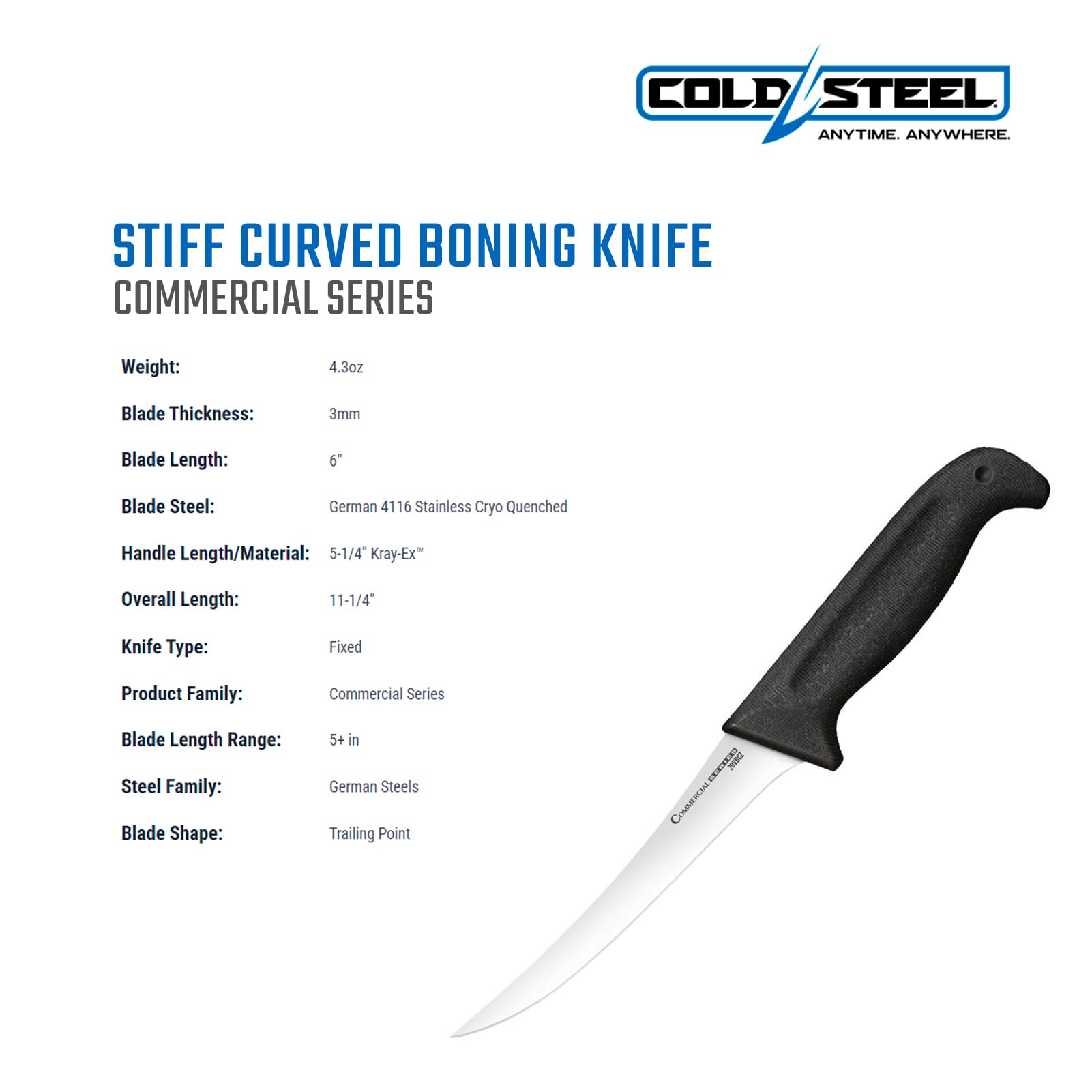 Cold Steel 6" Commercial Series Stiff Curved German 4116 Stainless Steel Fixed Blade Trailing Point Narrow Game & Fish Processing Cutting Boning Knife with Ergonomic Kray-Ex Handle