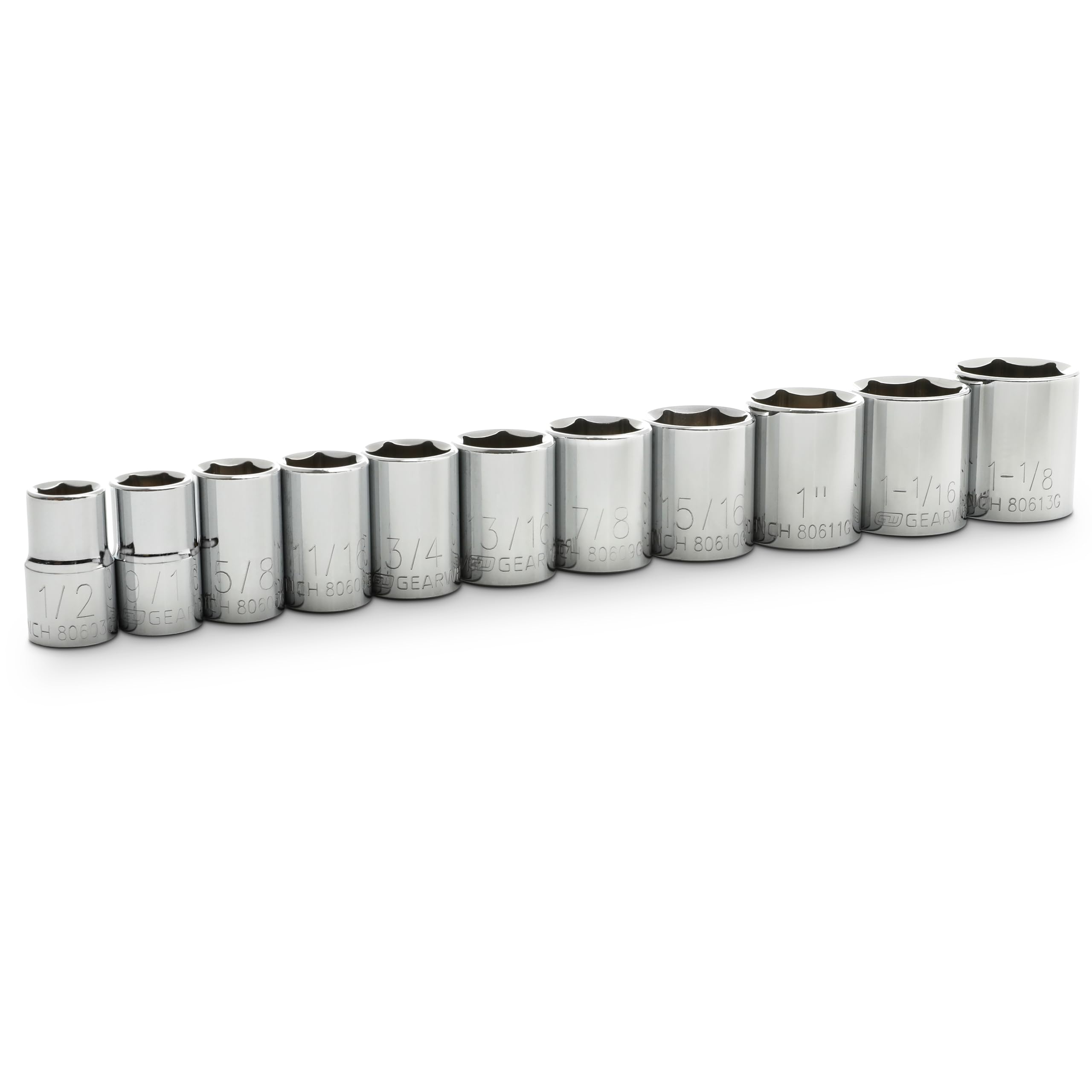 11 Pc. GEARWRENCH 1/2" Drive 6 Pt. Standard Socket Set, SAE - 80703
