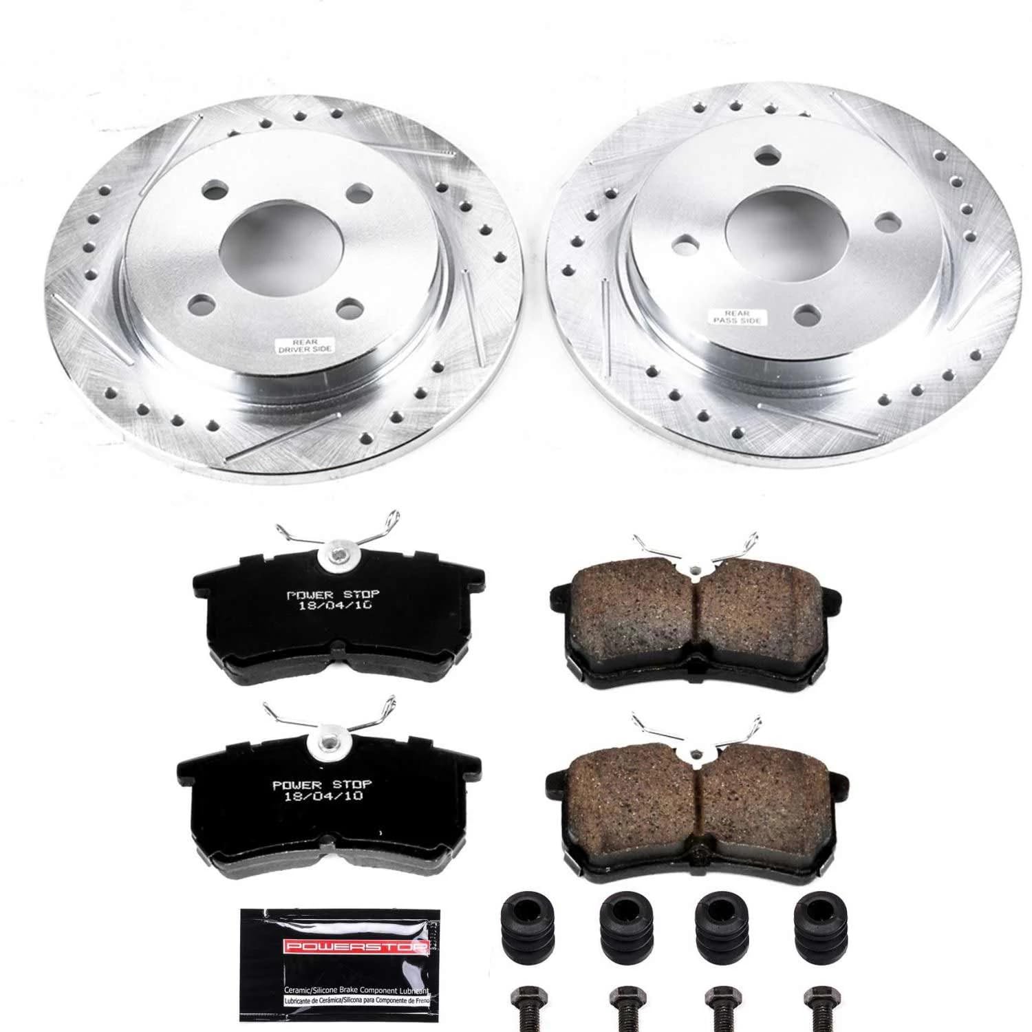 Power Stop K1363 Z23 Carbon Fiber Brake Pads Rear with Drilled & Slotted Brake Rotors Kit For Ford Fiesta 2014-2019, Ford Focus 2001-2007 [Model Specific]