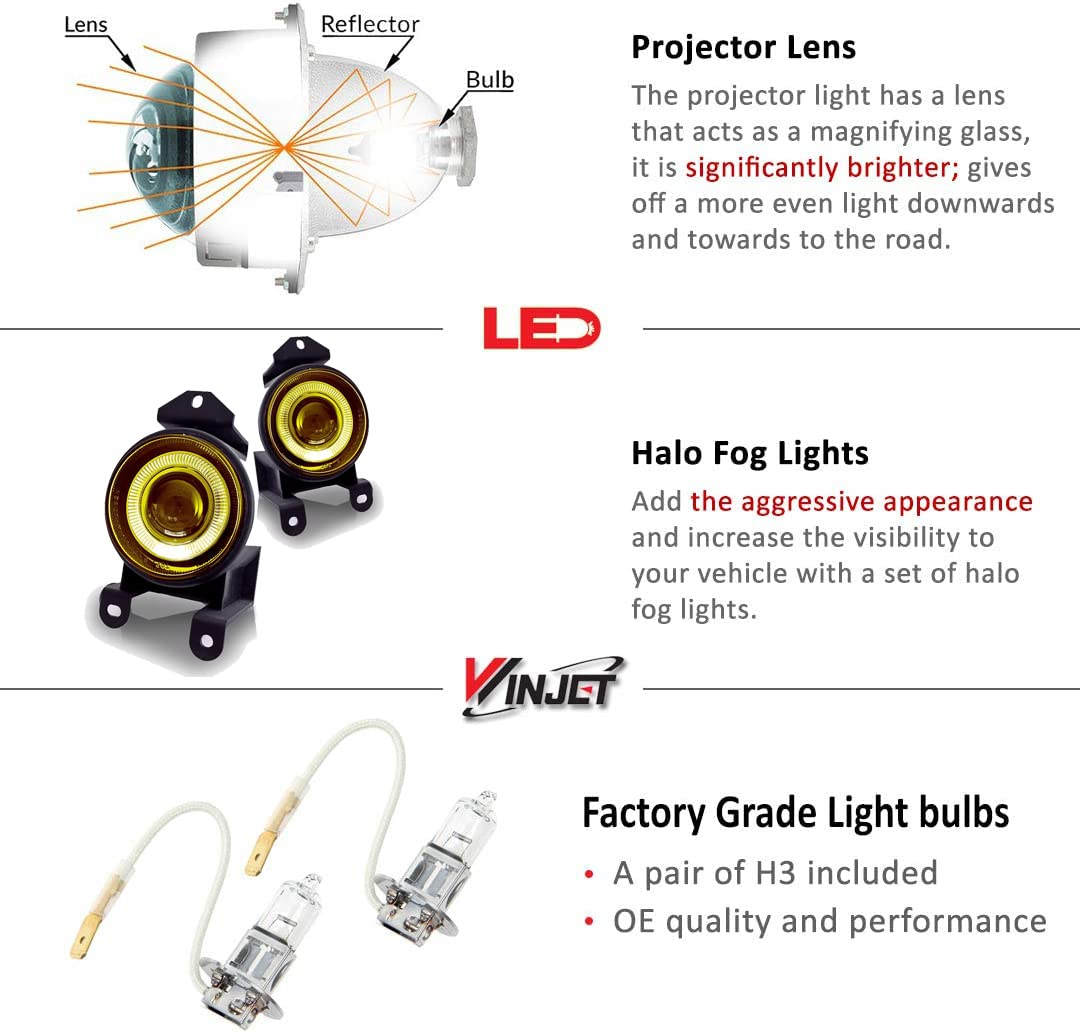 Winjet Performance Fog Lights for GMC [2002-2006 Sierra Denali] [2000 2001 2002 2003 2004 2005 2006 Yukon Denali] [1992-1999 Pontiac Bonneville] Driving Halo Ring Projector
