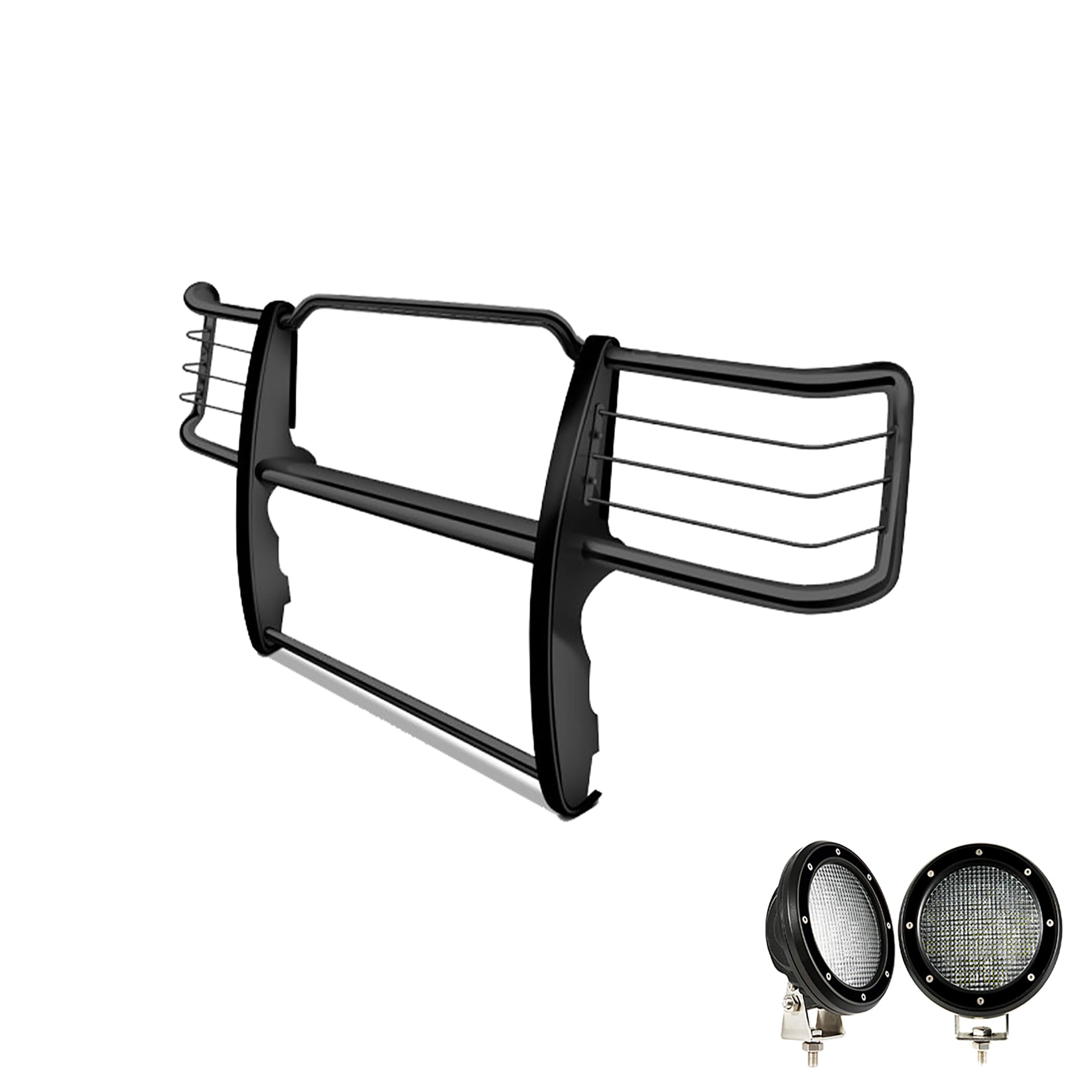 Grille Brush Black Horse Bumper Guard Modular Come with Pair of 5.3" Dia.LED Lights with Black Trim Rings Compatible with 2015-2019 Silverado 2500 HD|2015-2019 Silverado 3500 HD-17GT28MA-PLFB