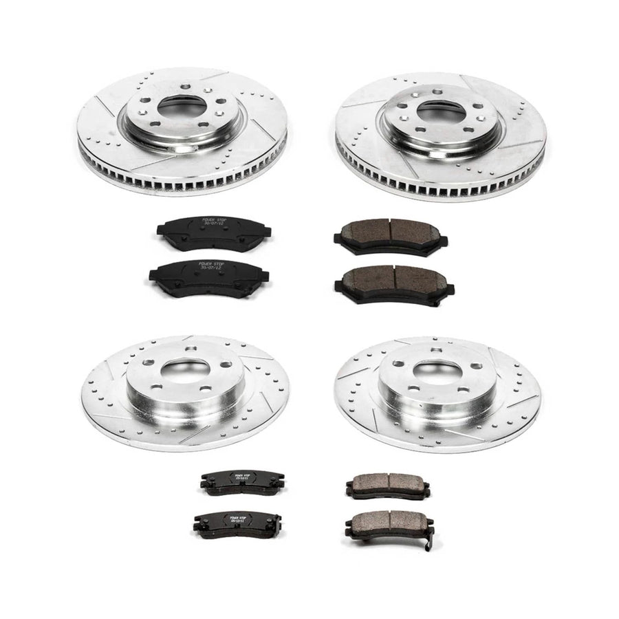 Power Stop K2733 Z23 Carbon Fiber Brake Pads Front and Rear with Drilled & Slotted Brake Rotors Kit For Cadillac Seville 2003-2004 [Model Specific]