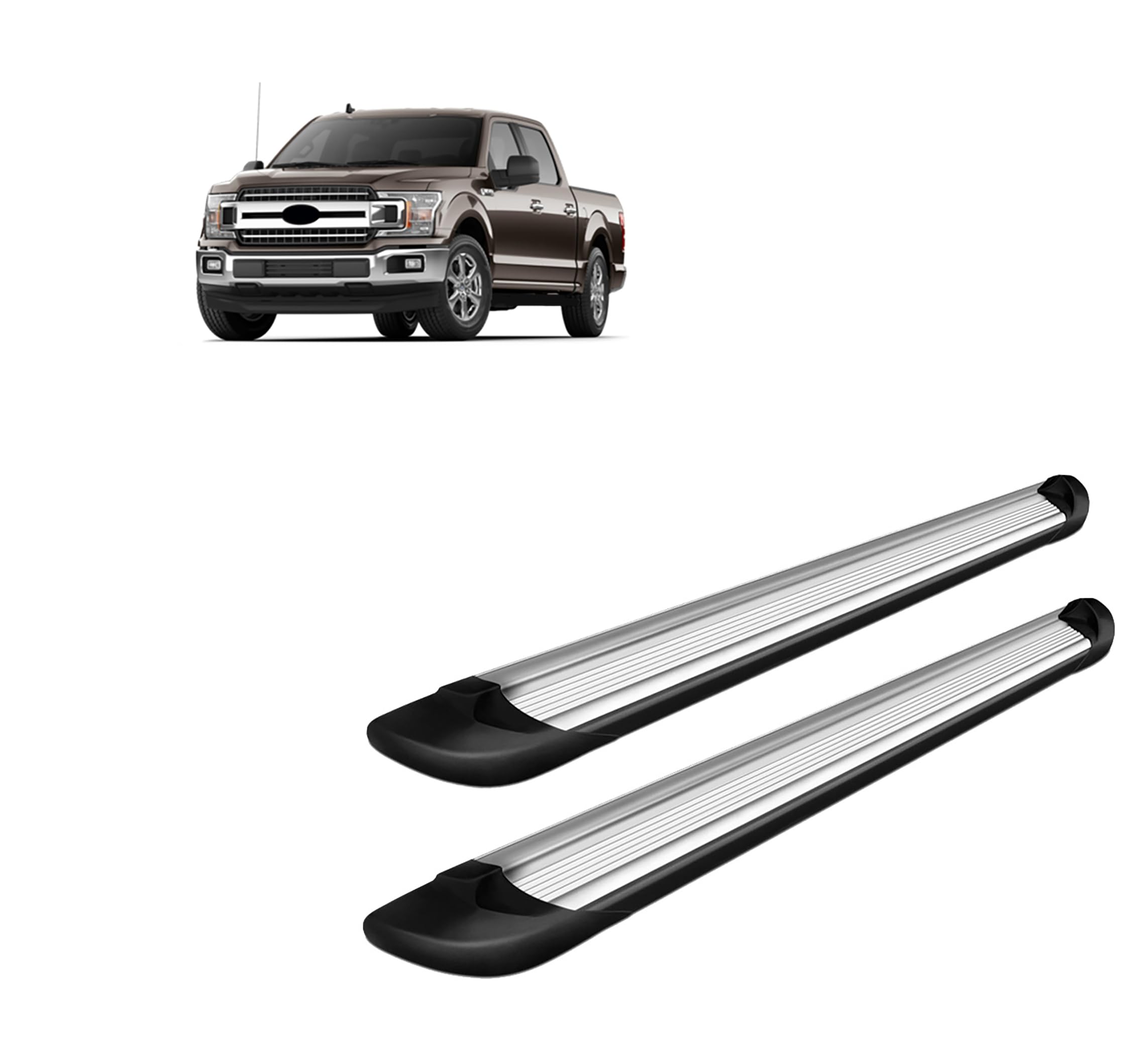 Silver Black Horse Aluminum Transporter Running Boards Compatible with 2015-2024 Ford F-150 SuperCrew Cab / 2017-2024 F-250 350 450 550 Super Duty SuperCrew Cab