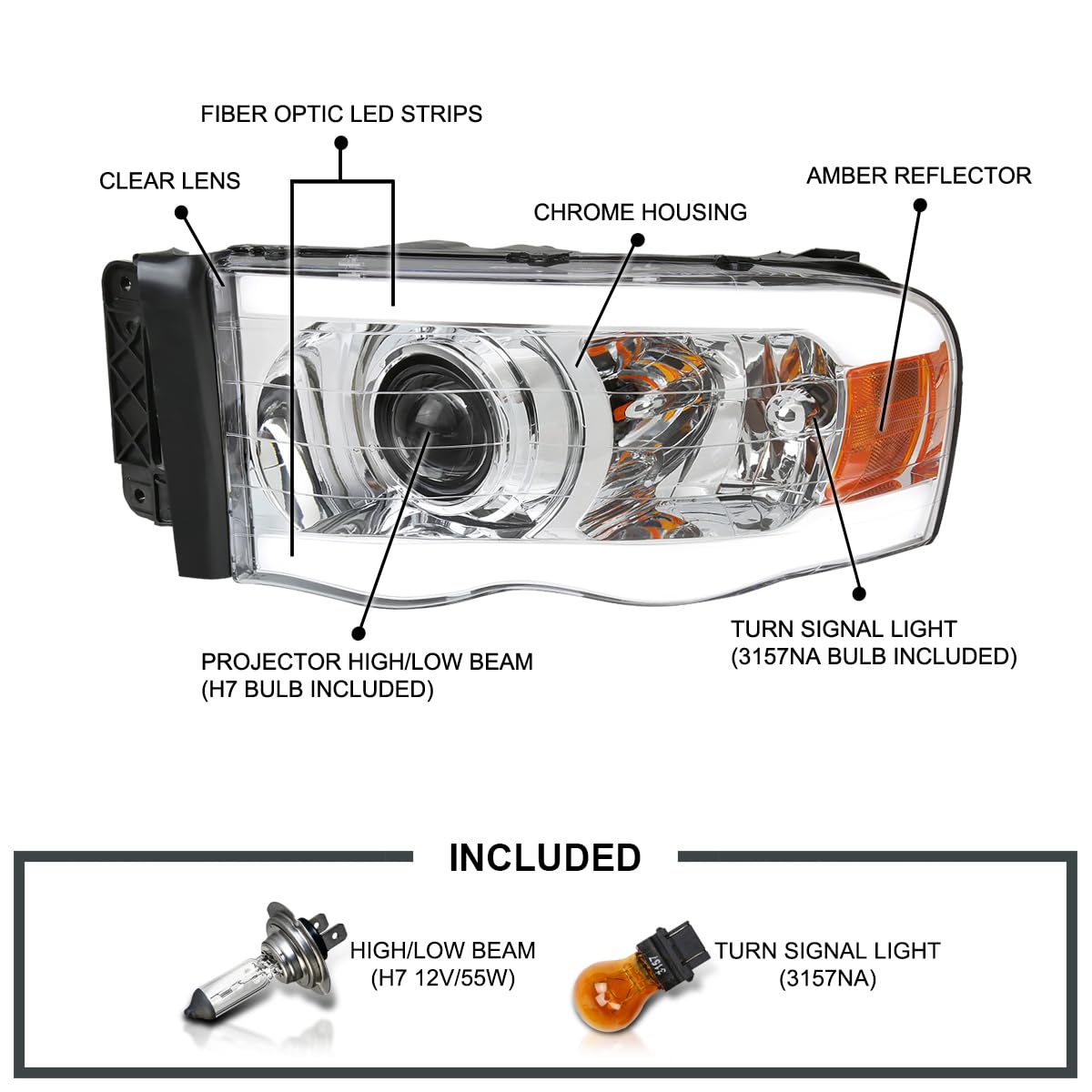 Chrome LED Tube Projector Headlights SPEC-D TUNING Compatible with 2002-2005 Dodge Ram 1500, 2003-2005 Dodge Ram 2500/3500, Left + Right Pair Headlamps Assembly