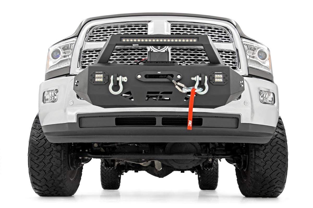 EXO Winch Mount Rough Country with LED Lights for Ram 2500 (2014-2018) - Includes 20-in LED Light Bar, Dual 2-in LED Cubes, D-Rings