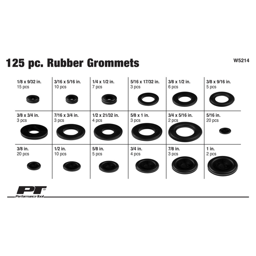 125pc Performance Tool W5214 Rubber Grommet Assortment in Organizer Case for Vehicle Maintenance and Repair in Auto Shops and Garages